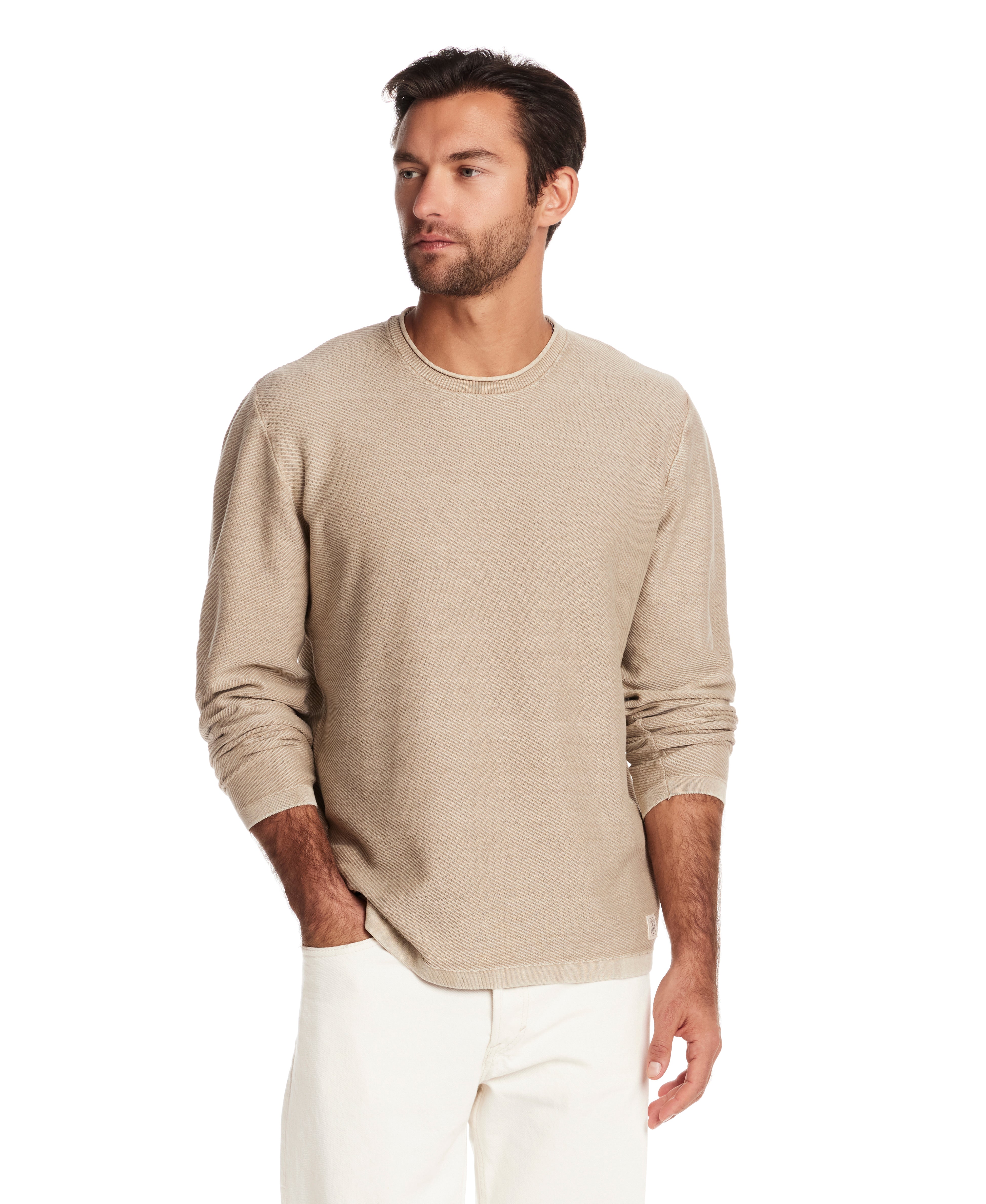 Twill stonewash sweater in vintage khaki on model, showcasing a casual, transitional style with a roll-neck design.