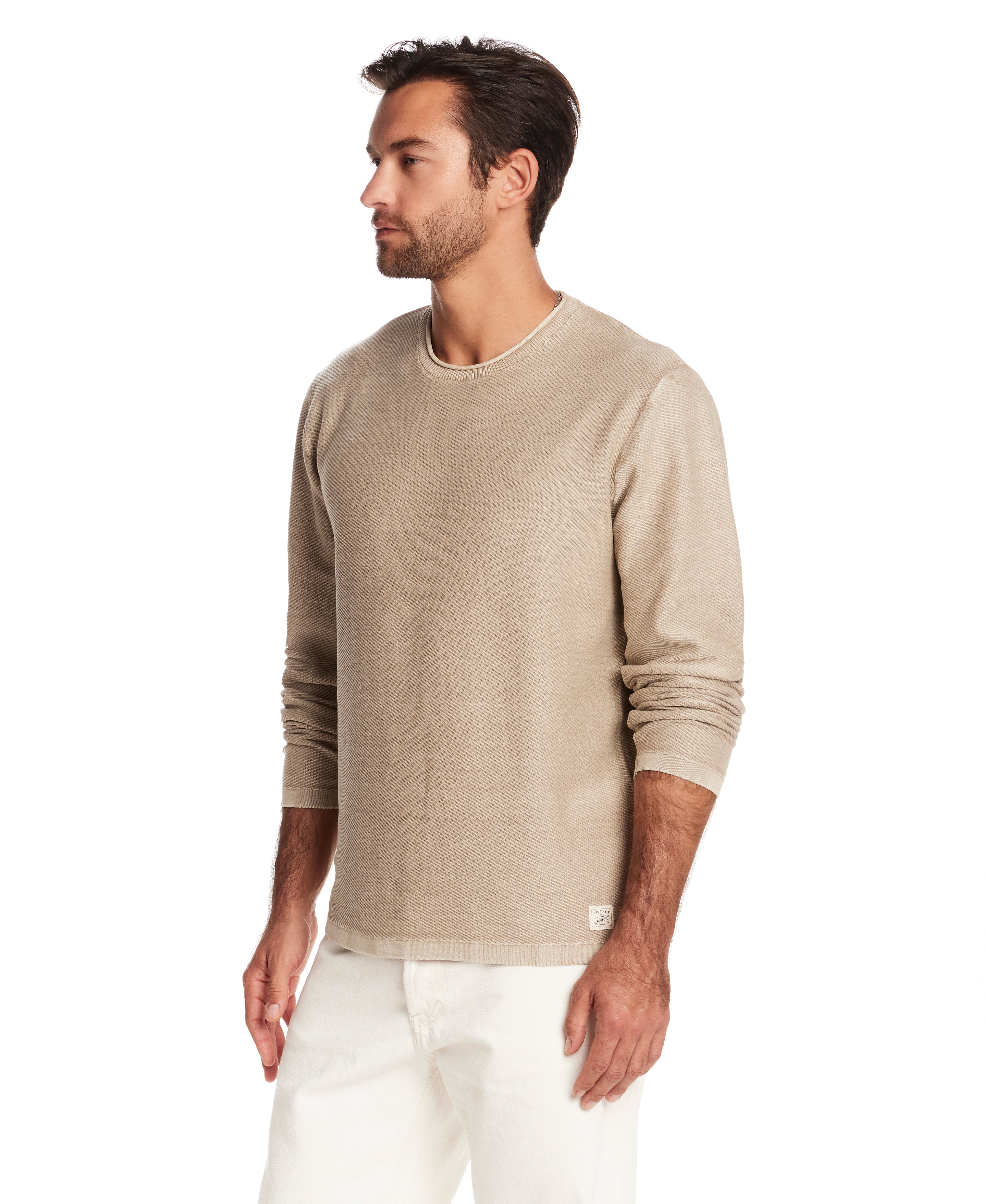 Twill Stonewash Sweater in Vintage Khaki on a model, showcasing its soft fabric and classic roll-neck design.