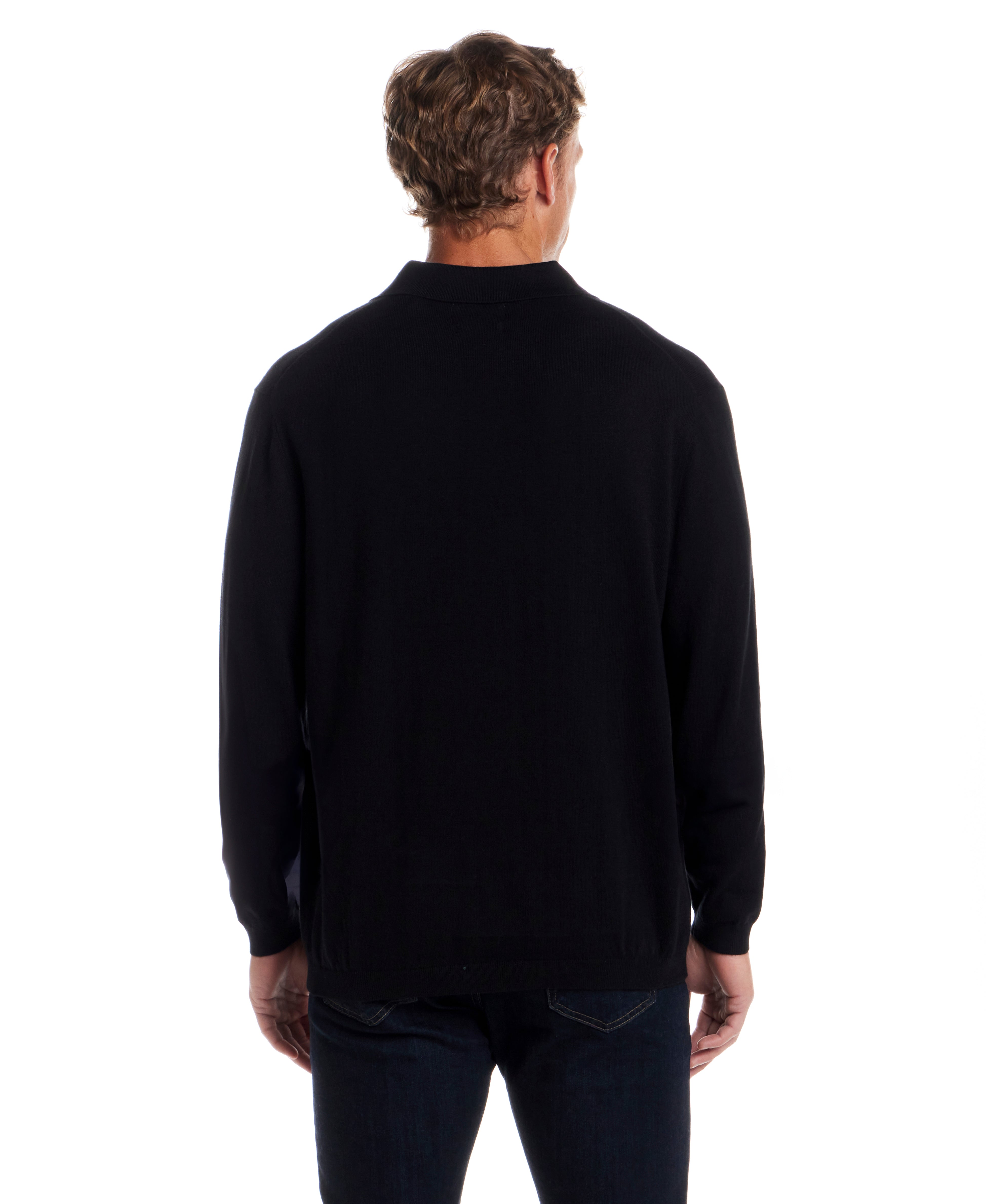 Cotton Cashmere Long Sleeve Polo in Black
