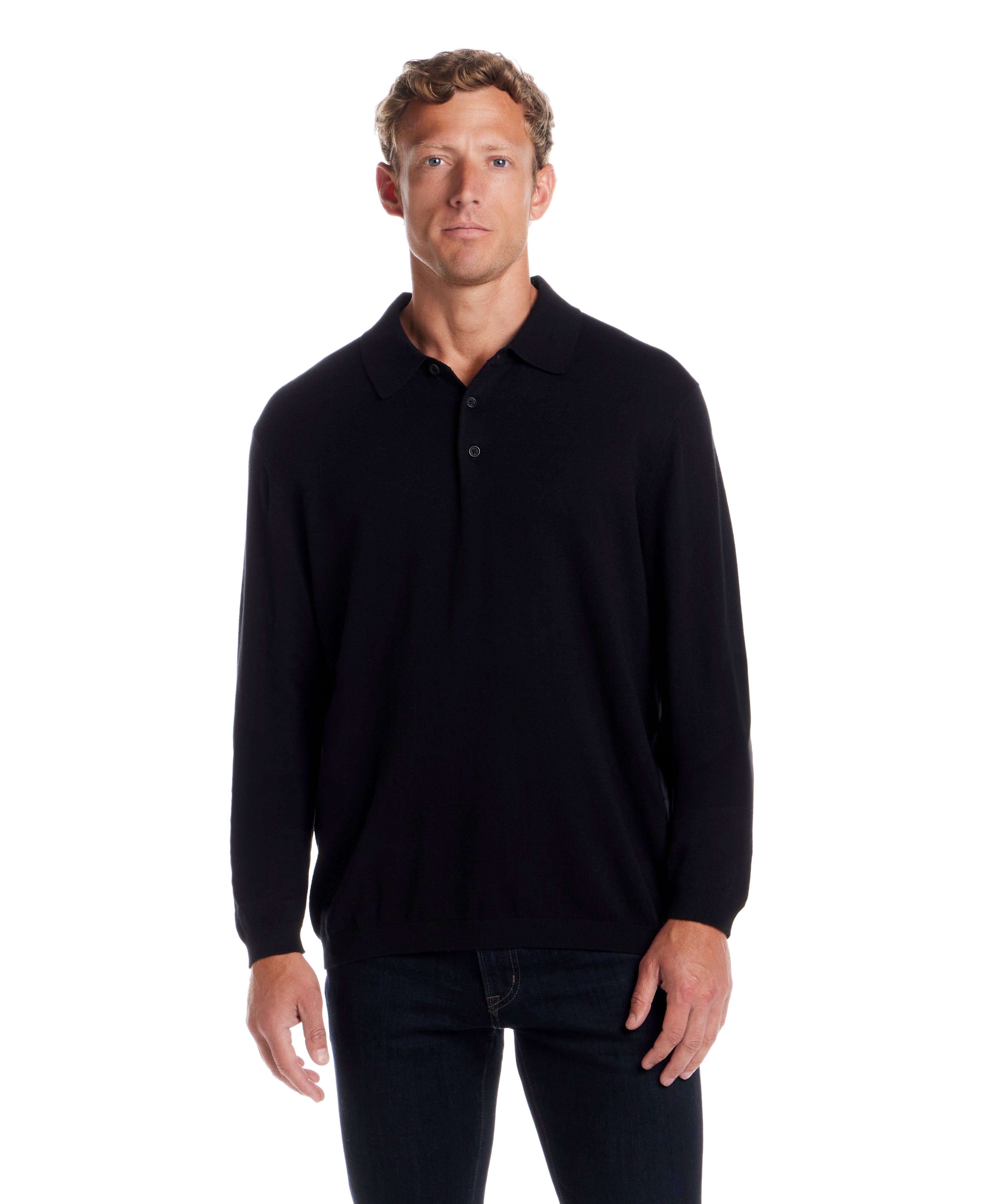 Cotton Cashmere Long Sleeve Polo in Black