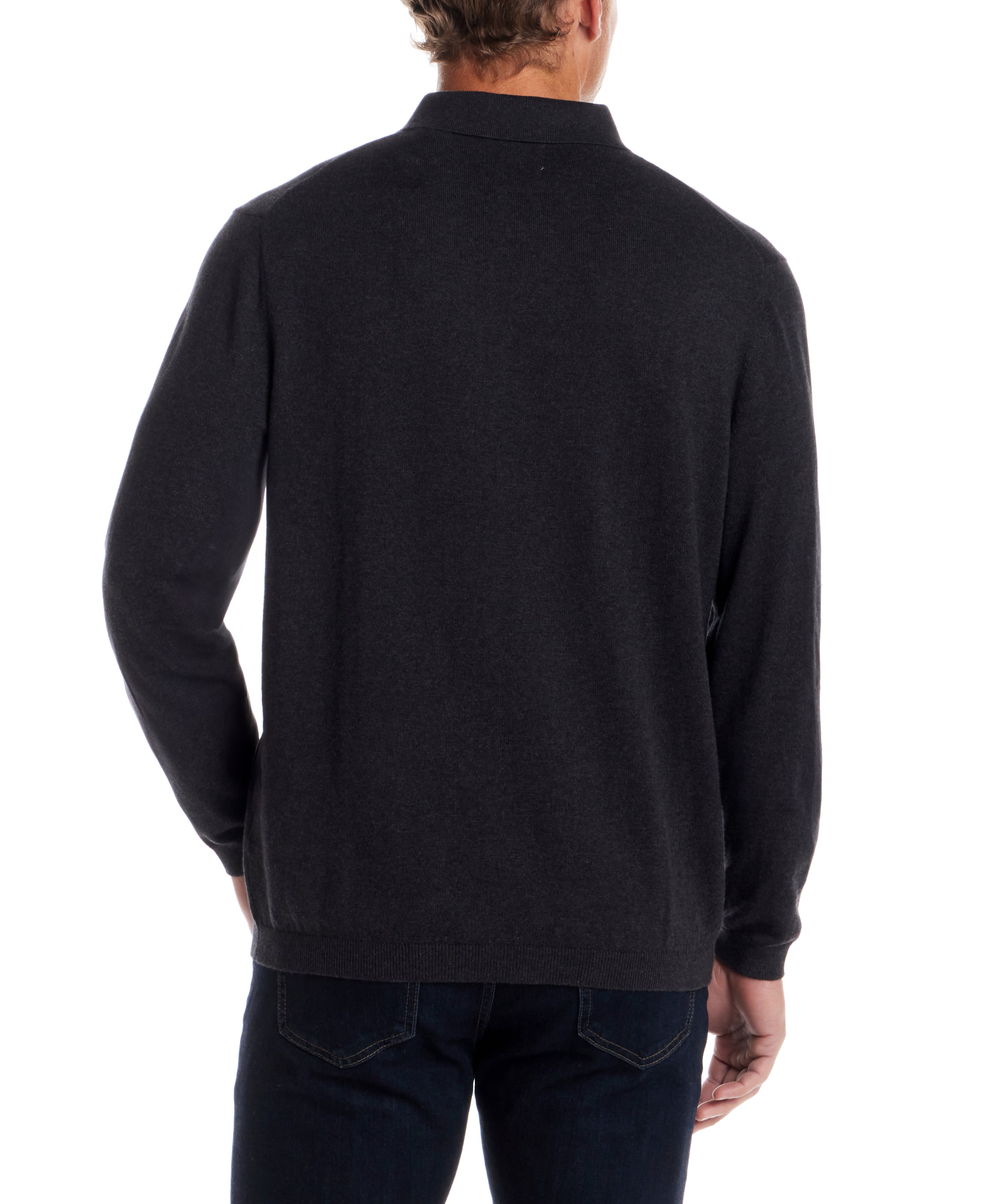 Cotton Cashmere Long Sleeve Polo in Charcoal