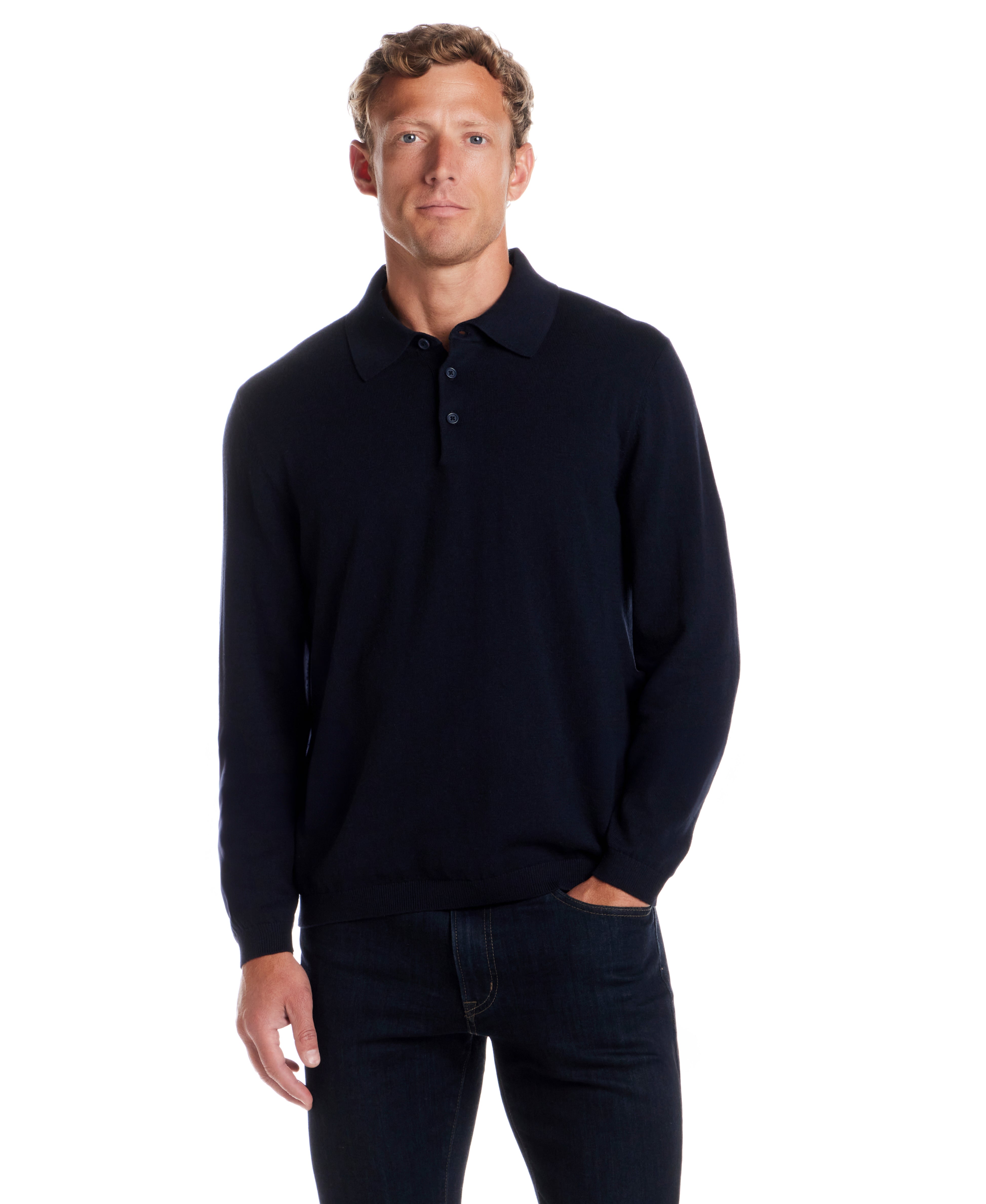 Cotton Cashmere Long Sleeve Polo in Navy