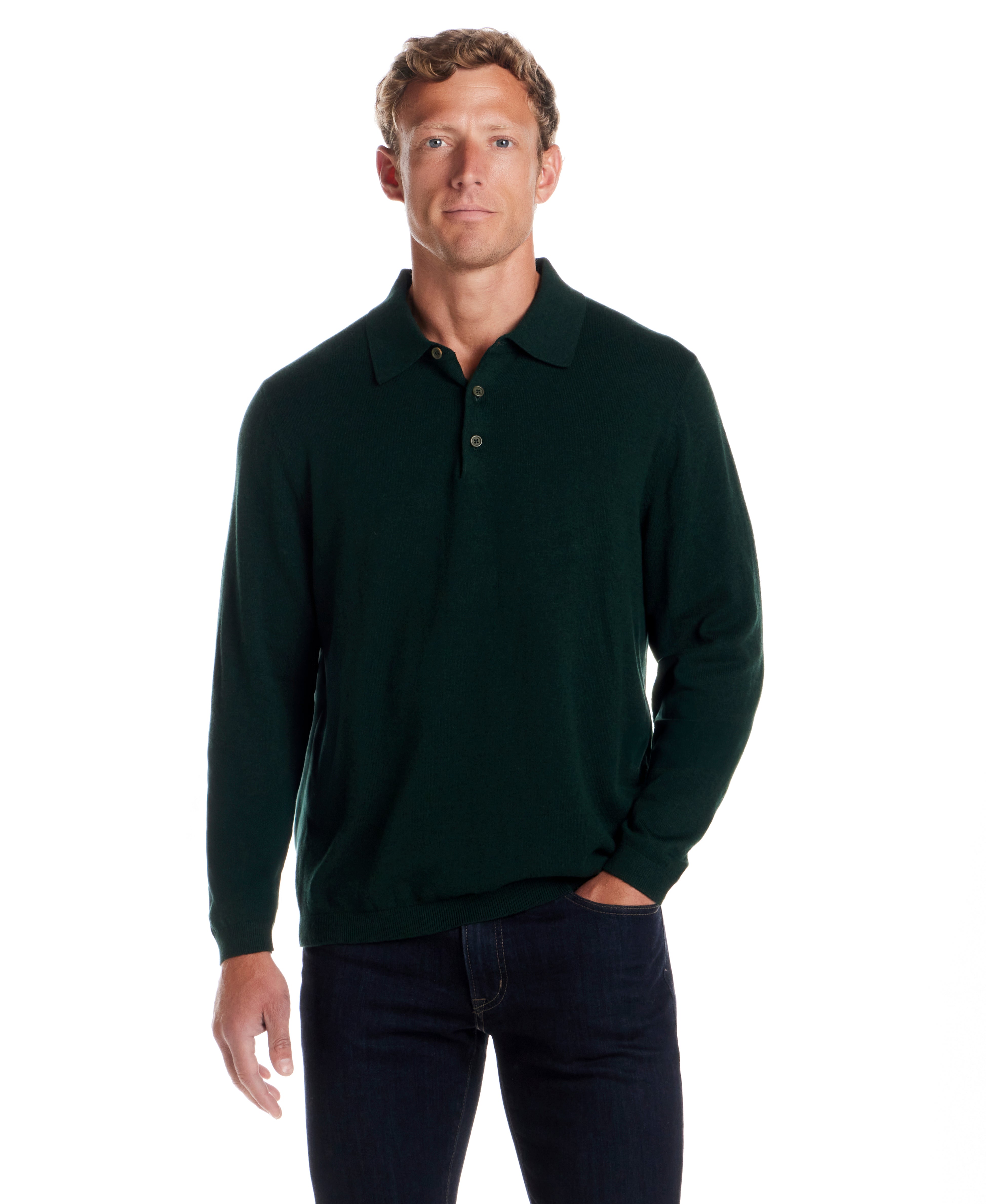 Cotton Cashmere Long Sleeve Polo in Ponderosa Pine
