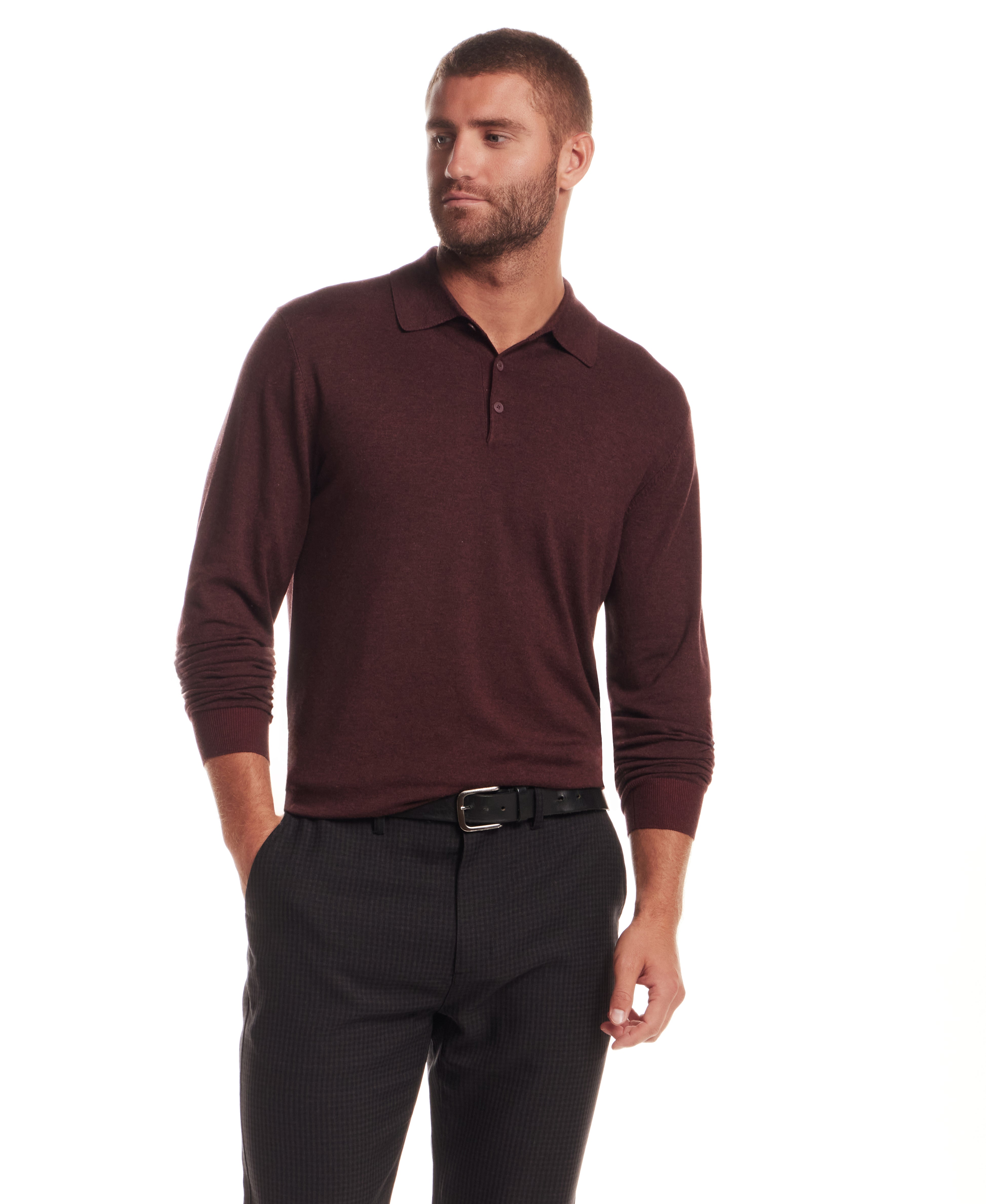 Long Sleeve Polo Sweater in Burgundy