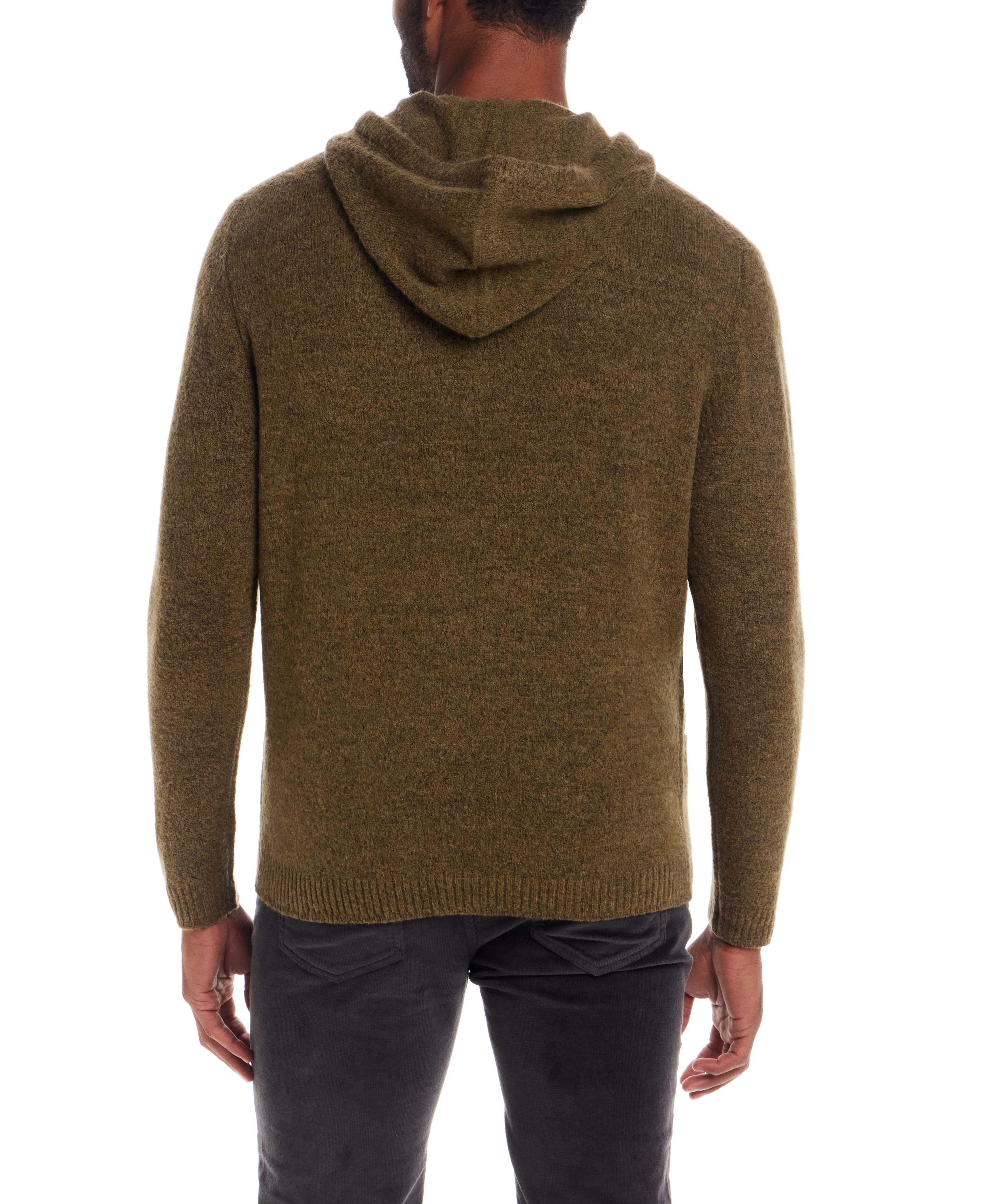 Back view of a man wearing a Boucle Hoodie Sweater in Moss, featuring a relaxed fit and textured knit design.