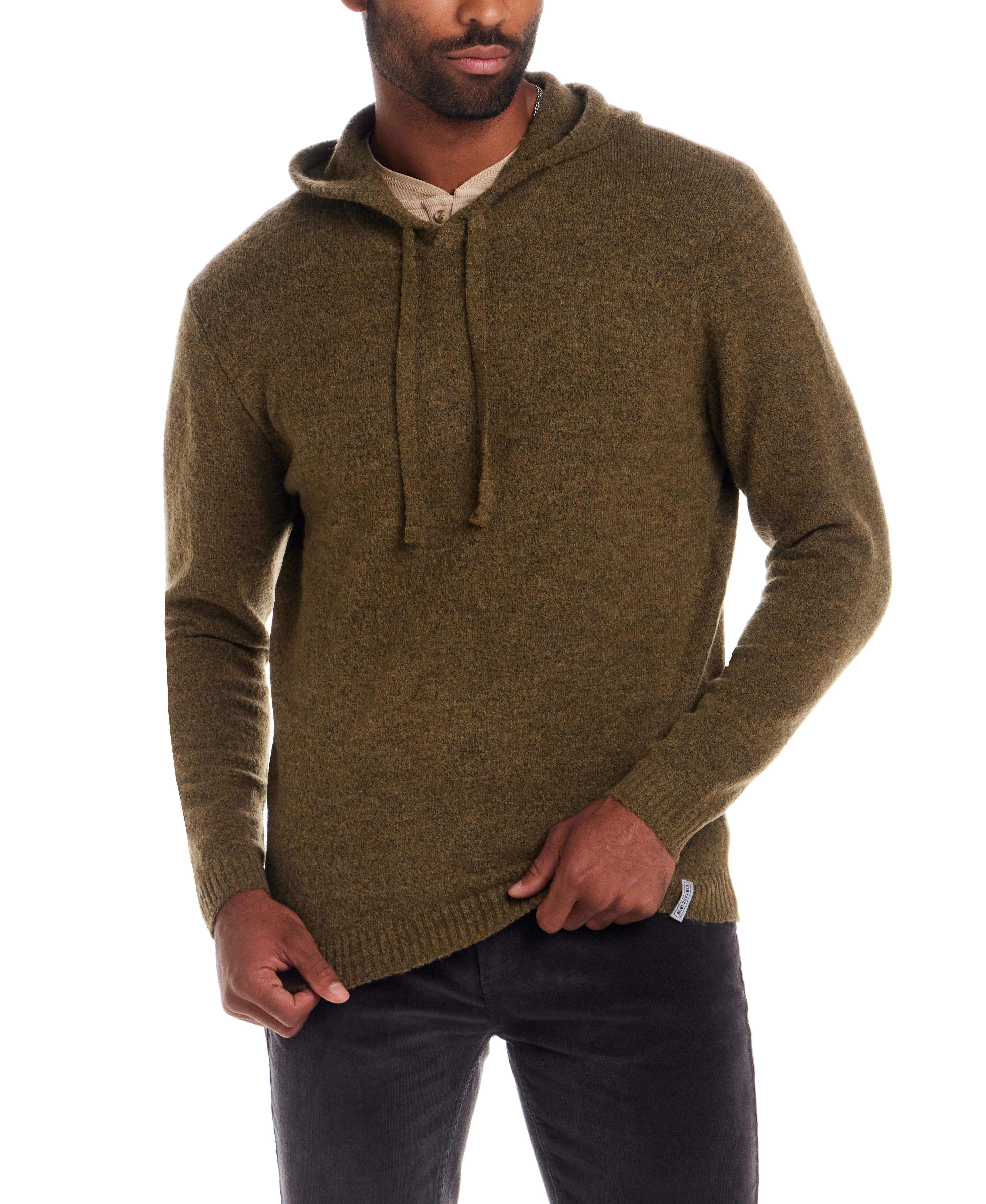 Boucle Hoodie Sweater in Moss featuring a relaxed fit and soft, textured knit design.