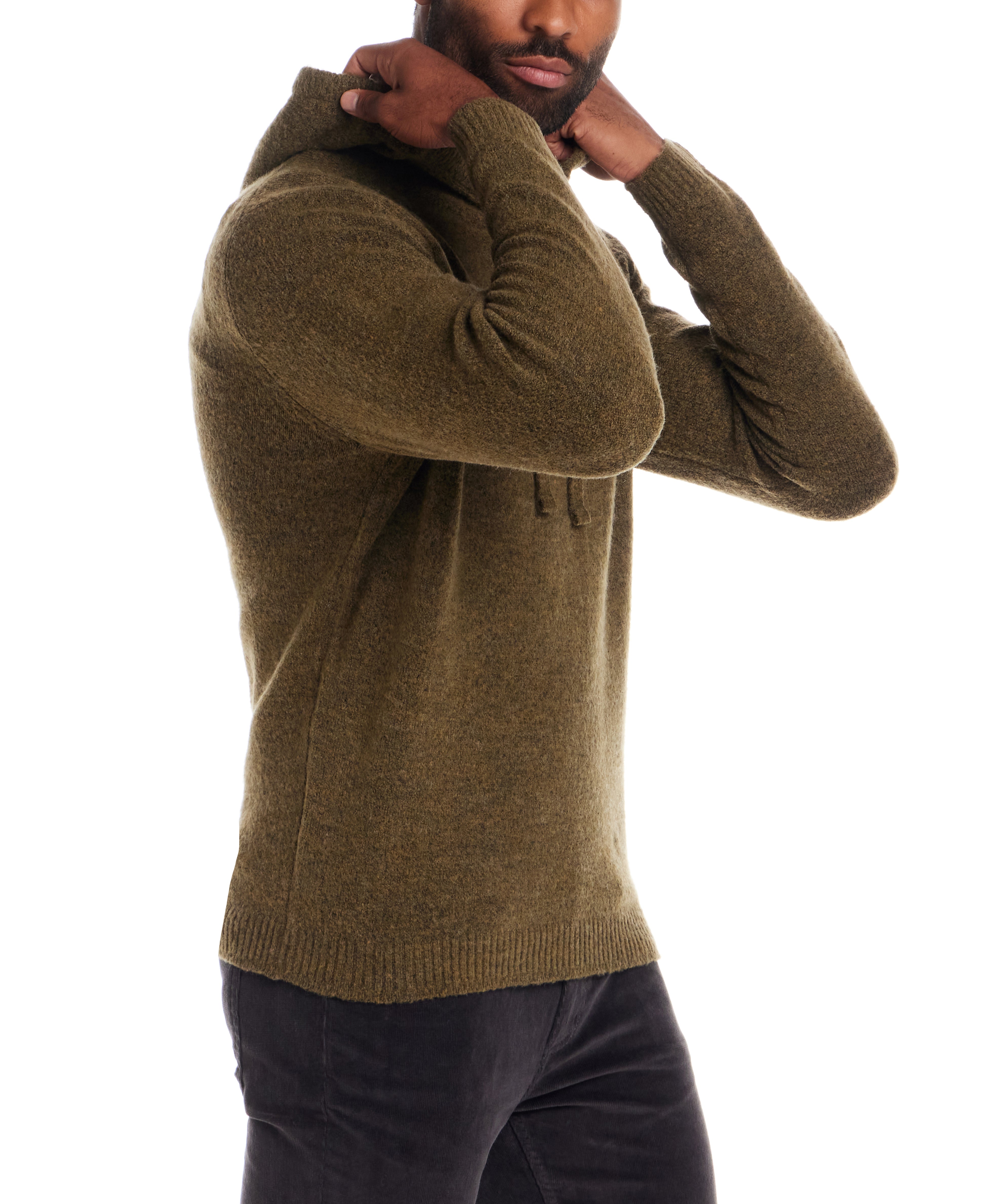 Boucle Hoodie Sweater in Moss, textured pullover with drawstring closure, warm and casual fit.