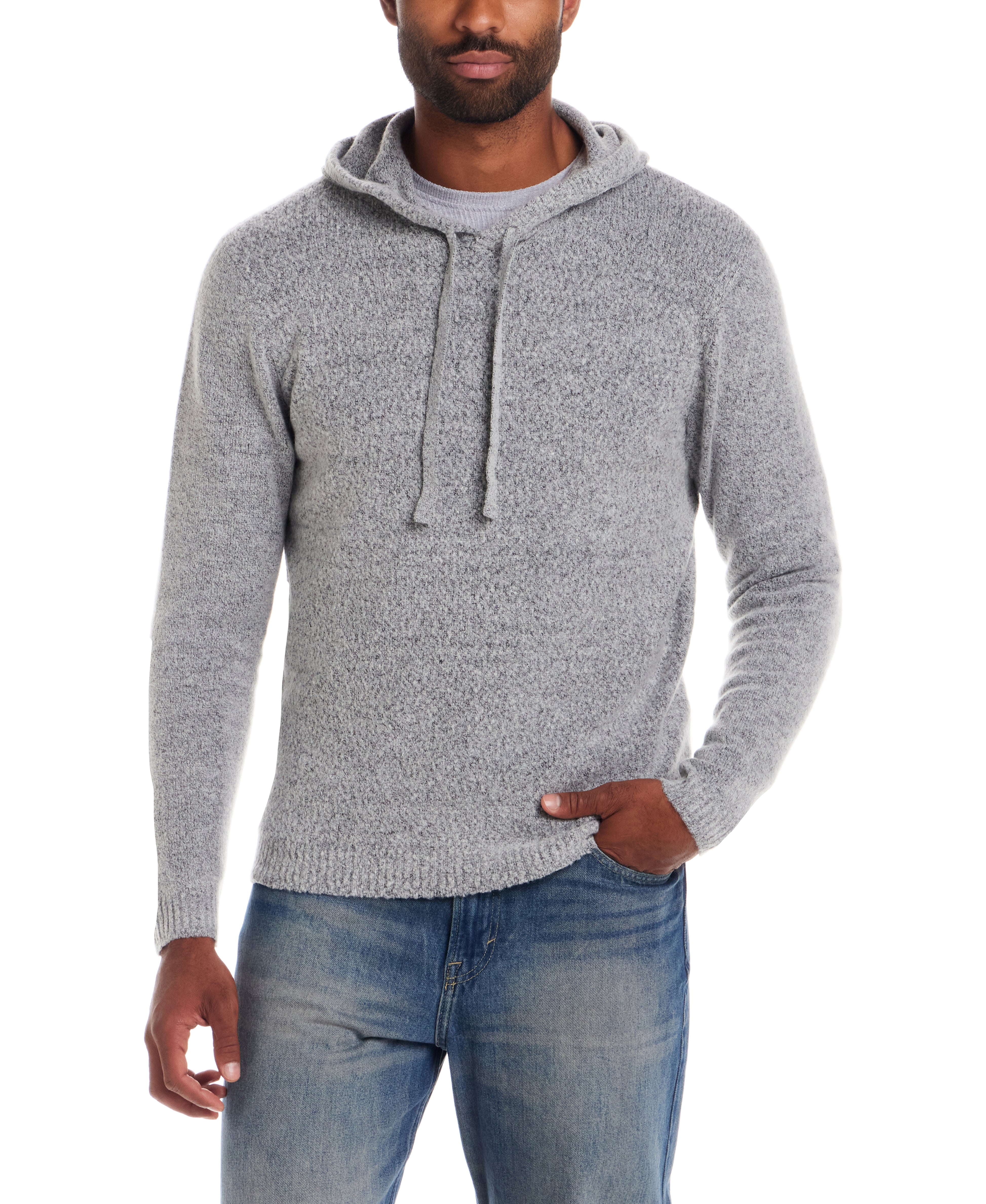 Boucle Hoodie Sweater in Winter Sky, textured pullover hoodie with drawstring, perfect for casual comfort.