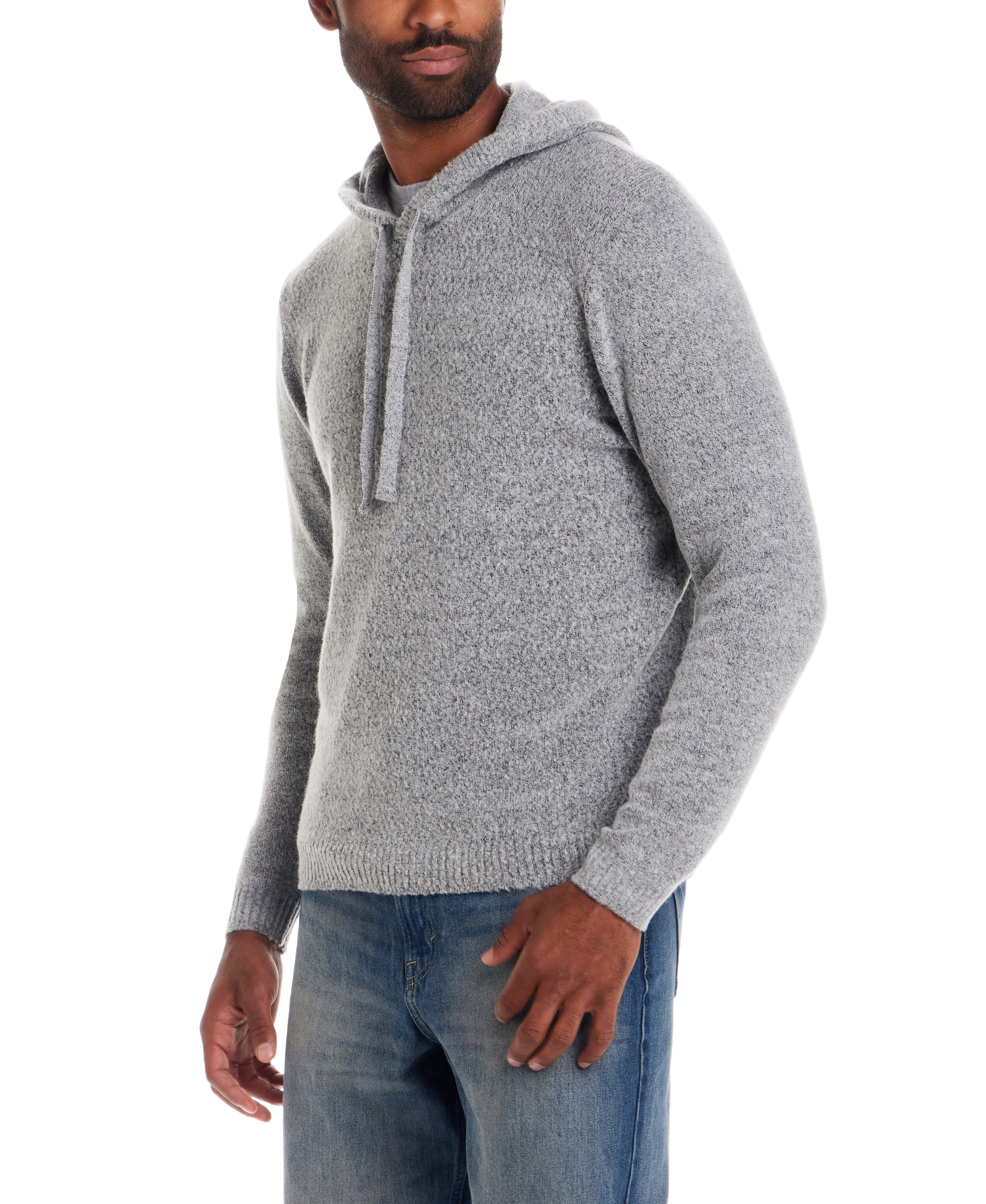 Boucle Hoodie Sweater in Winter Sky worn by a model, featuring textured fabric and relaxed fit for comfort.
