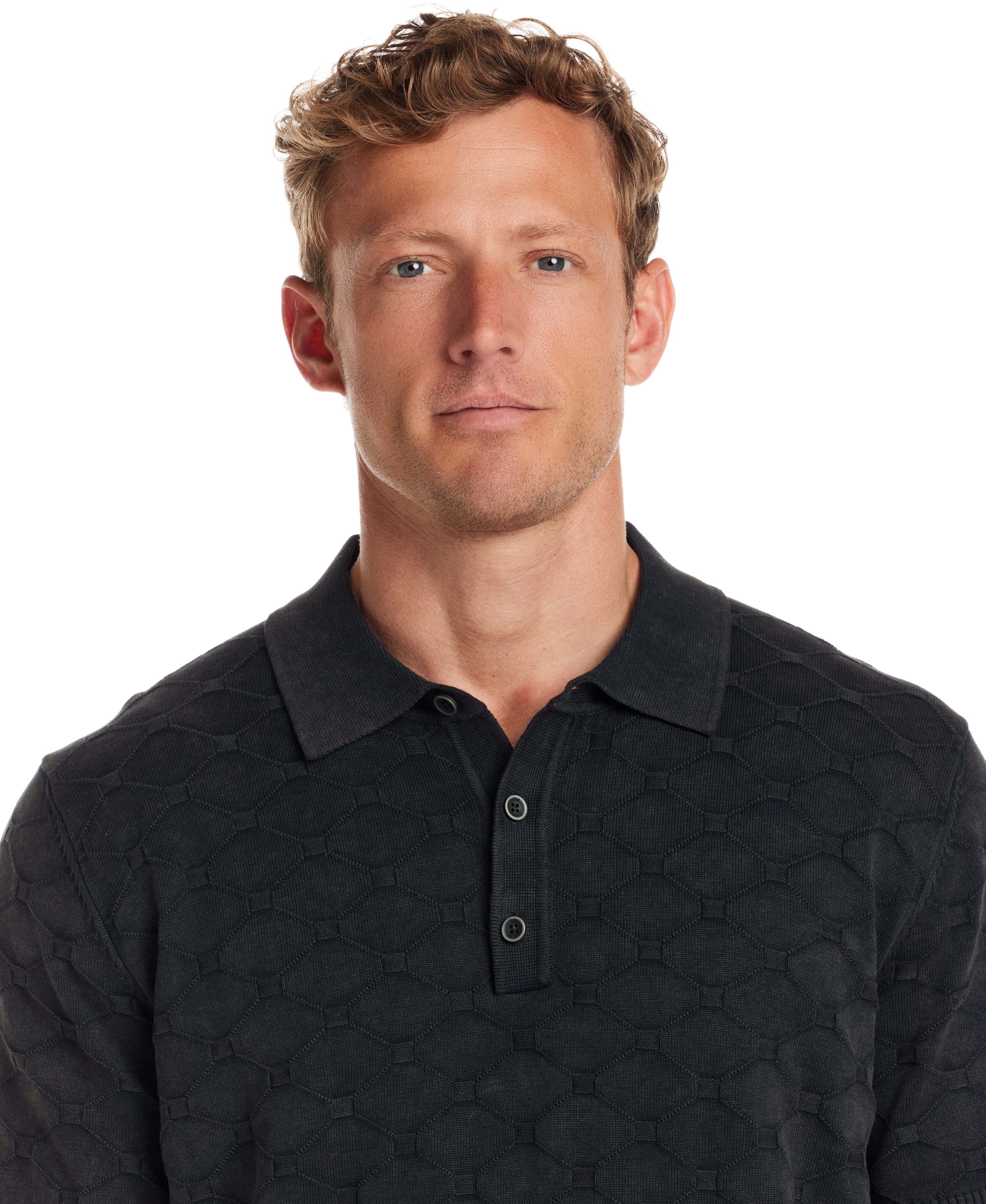 Diamond Sweater Polo in Black worn by a model showcasing its textured design and tailored fit.