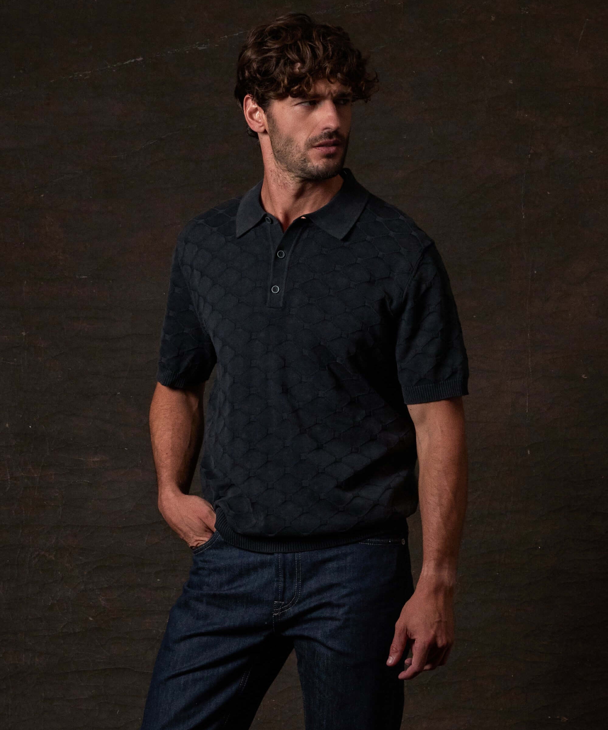 Diamond Sweater Polo in Black, SMALL / Black