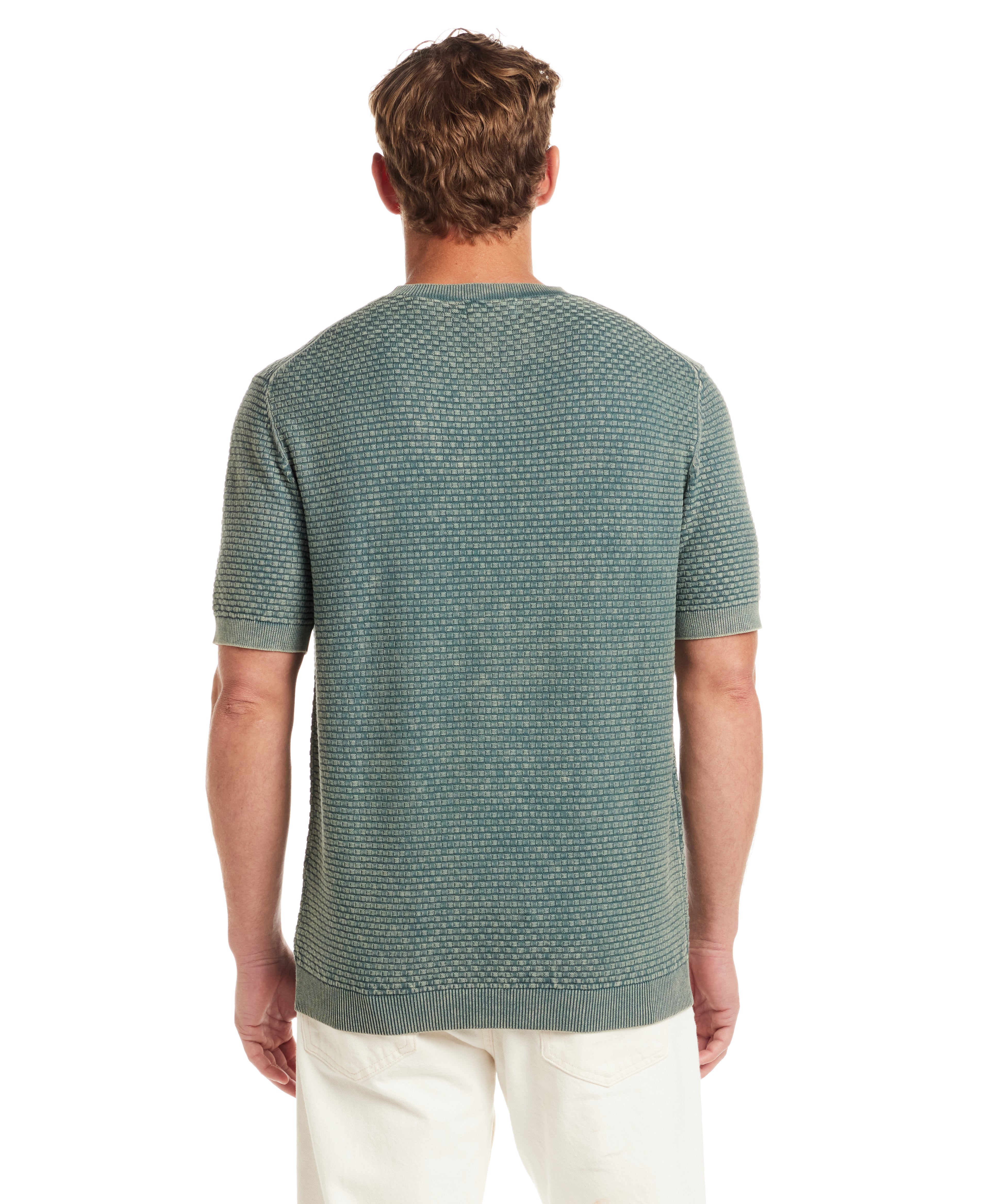 Back view of Short Sleeve Crewneck Sweater in Aqua Mist, showcasing textured pattern and tailored finish.