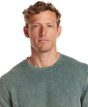 Men's short sleeve crewneck sweater in Aqua Mist with textured pattern and ribbed collar.