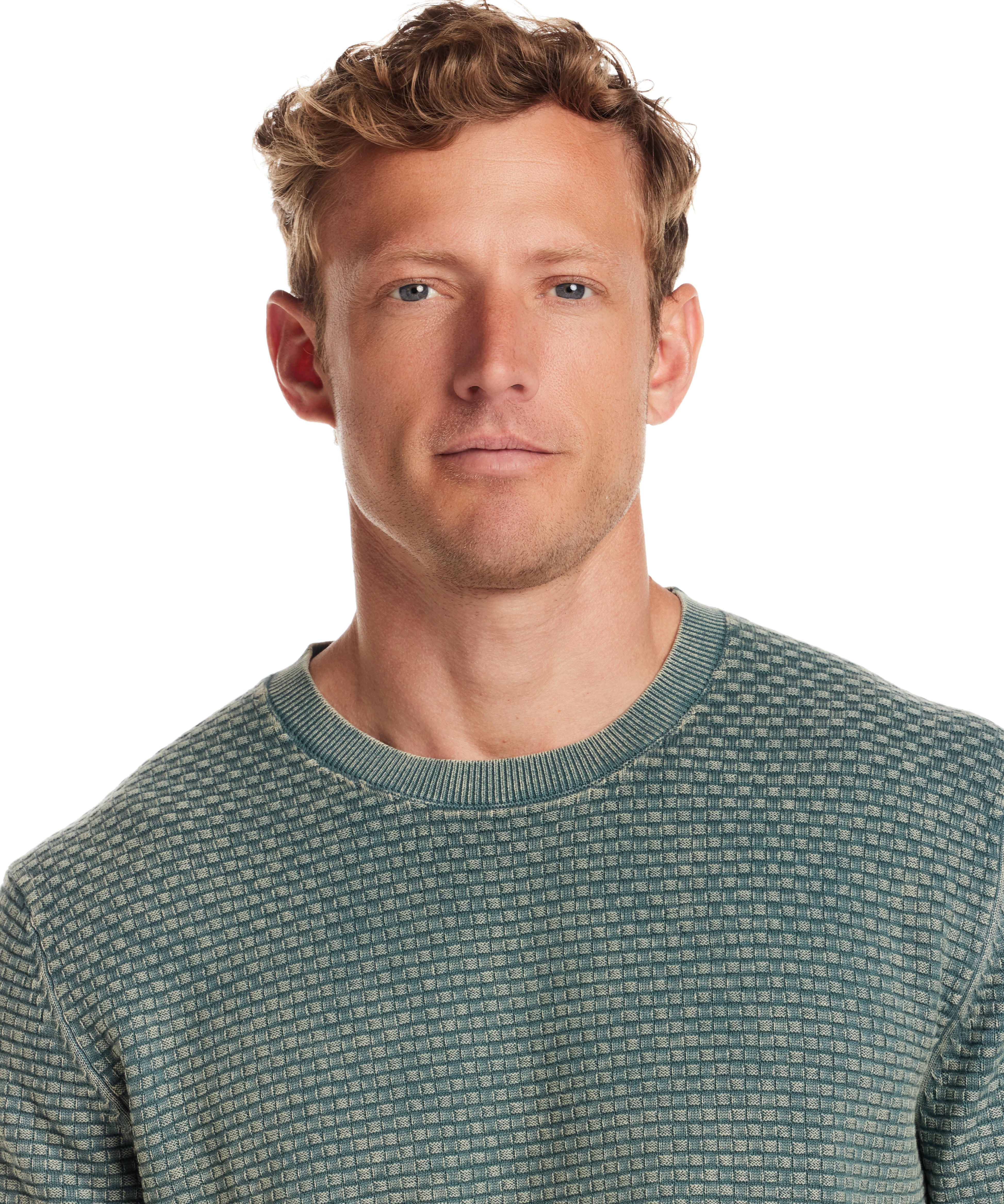 Men's short sleeve crewneck sweater in Aqua Mist with textured pattern and ribbed collar.