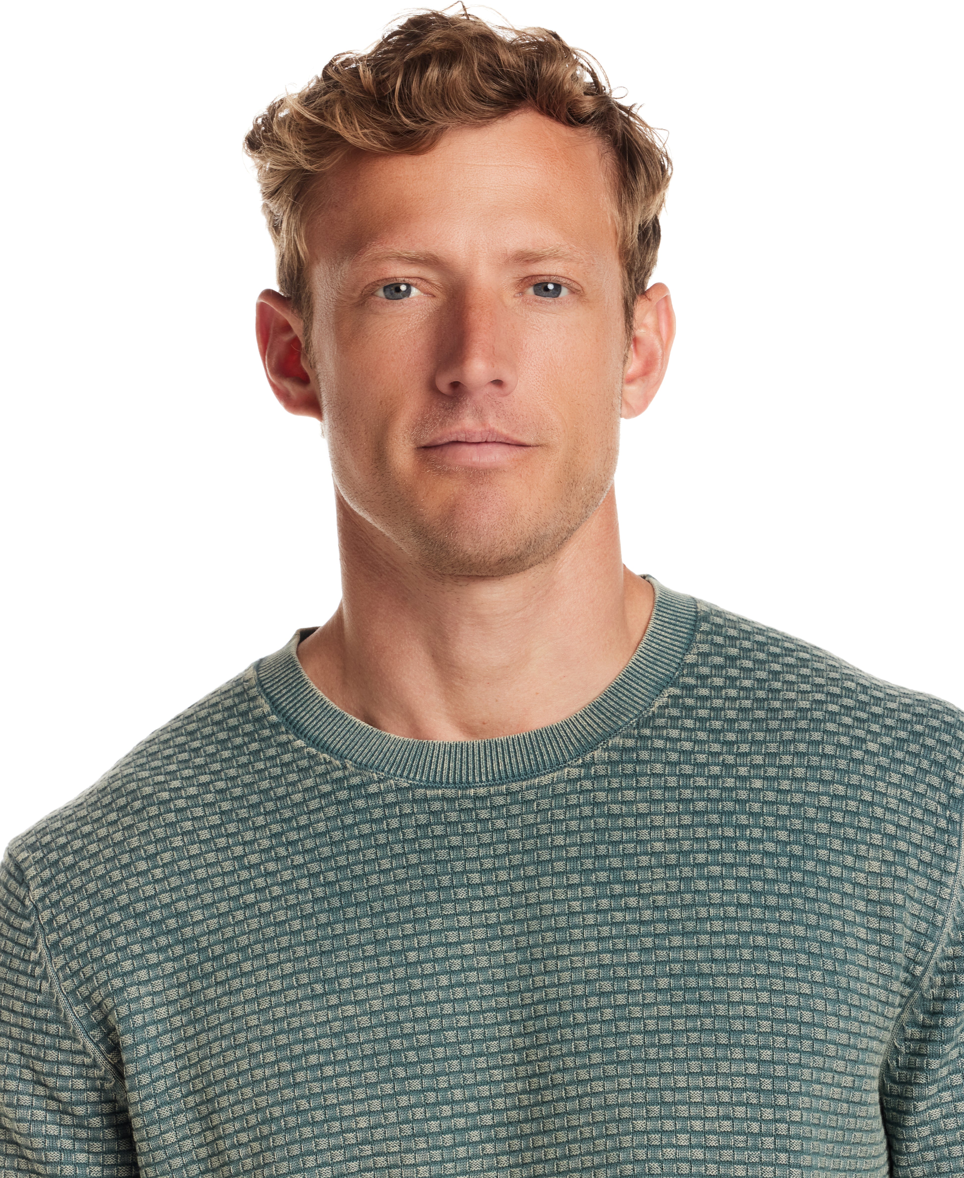 Men's short sleeve crewneck sweater in Aqua Mist with textured pattern and ribbed collar.