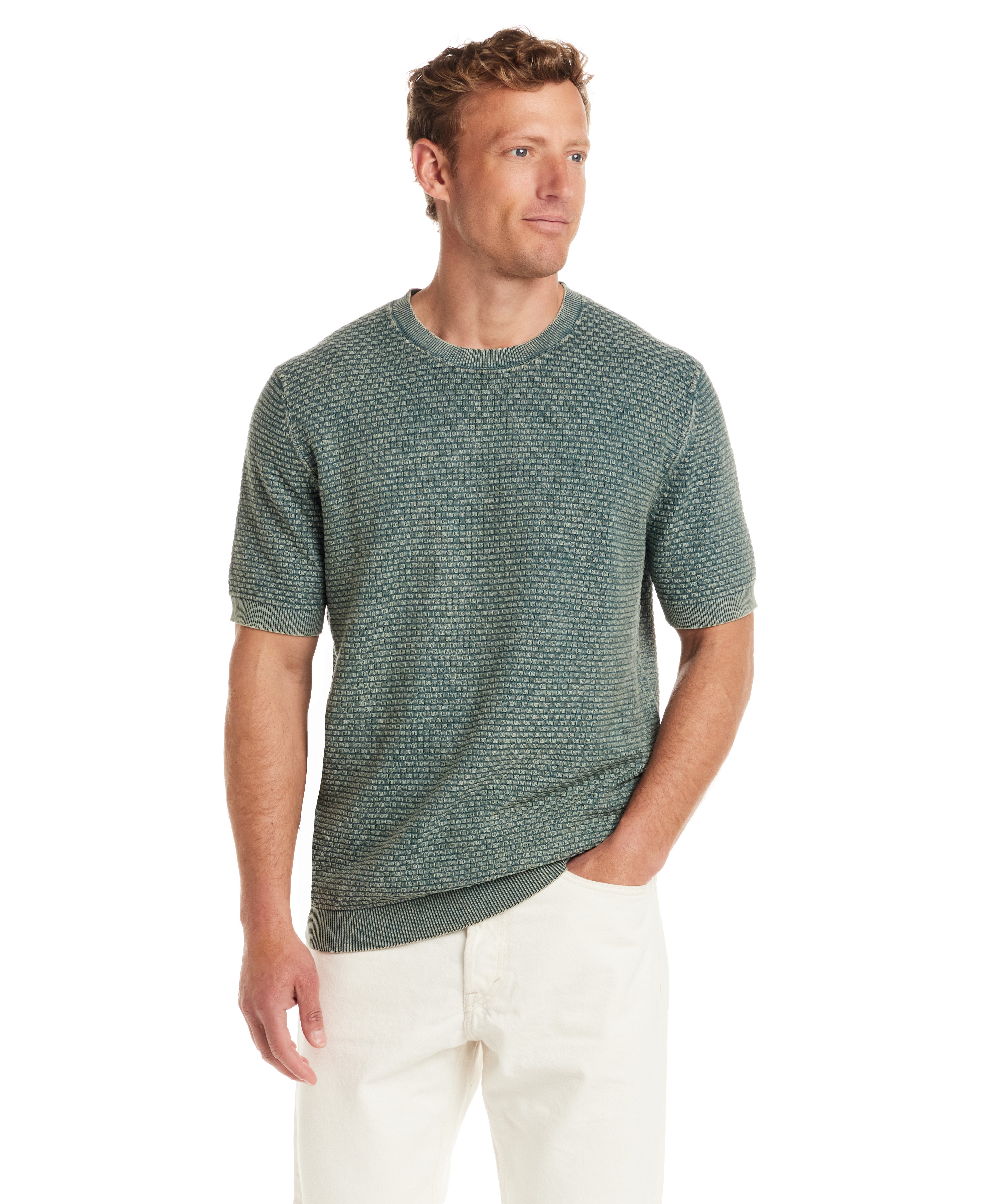 Short sleeve crewneck sweater in Aqua Mist, featuring textured pattern and a tailored fit, perfect for casual or dressy occasions.