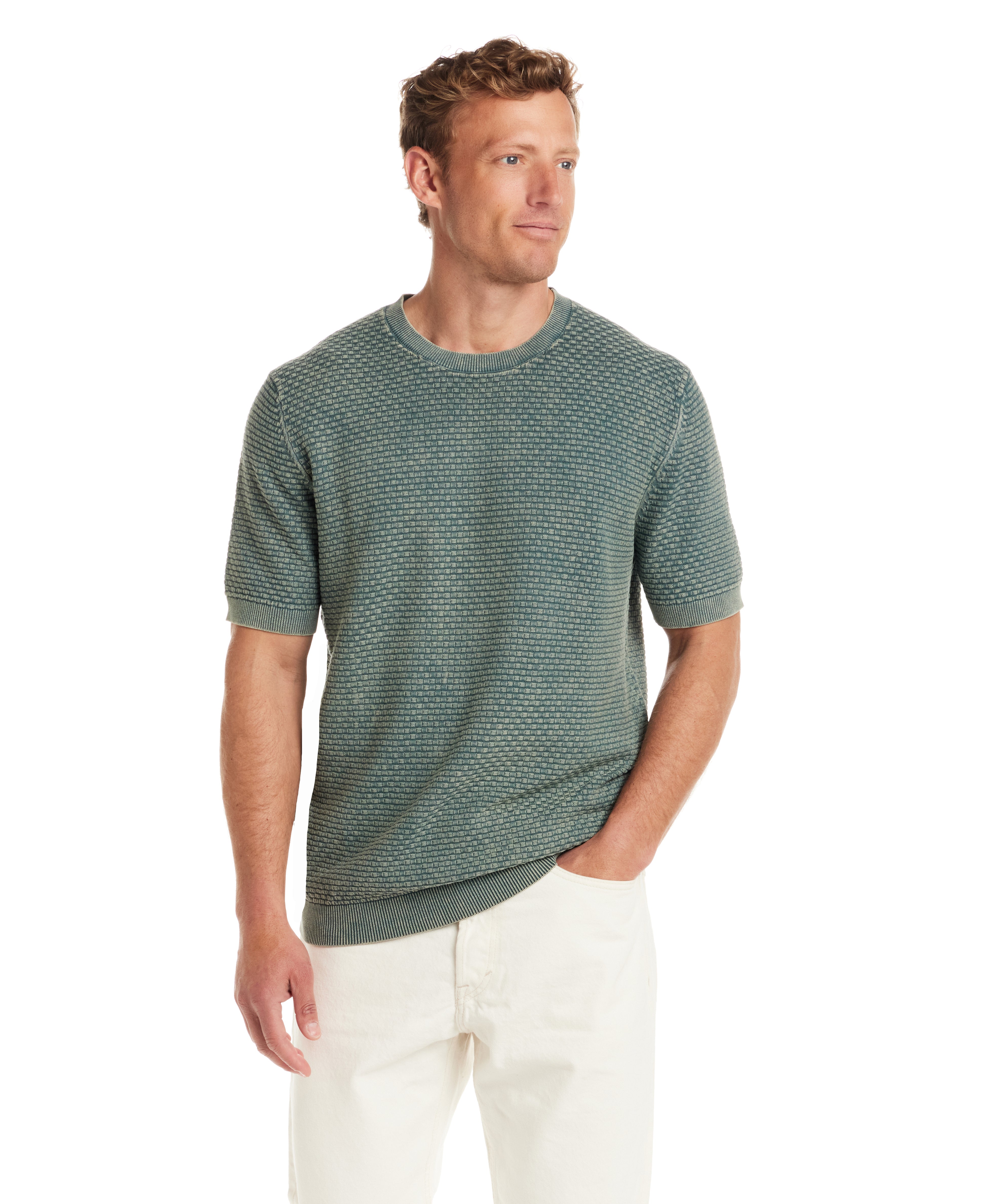 Short sleeve crewneck sweater in Aqua Mist, featuring textured pattern and a tailored fit, perfect for casual or dressy occasions.