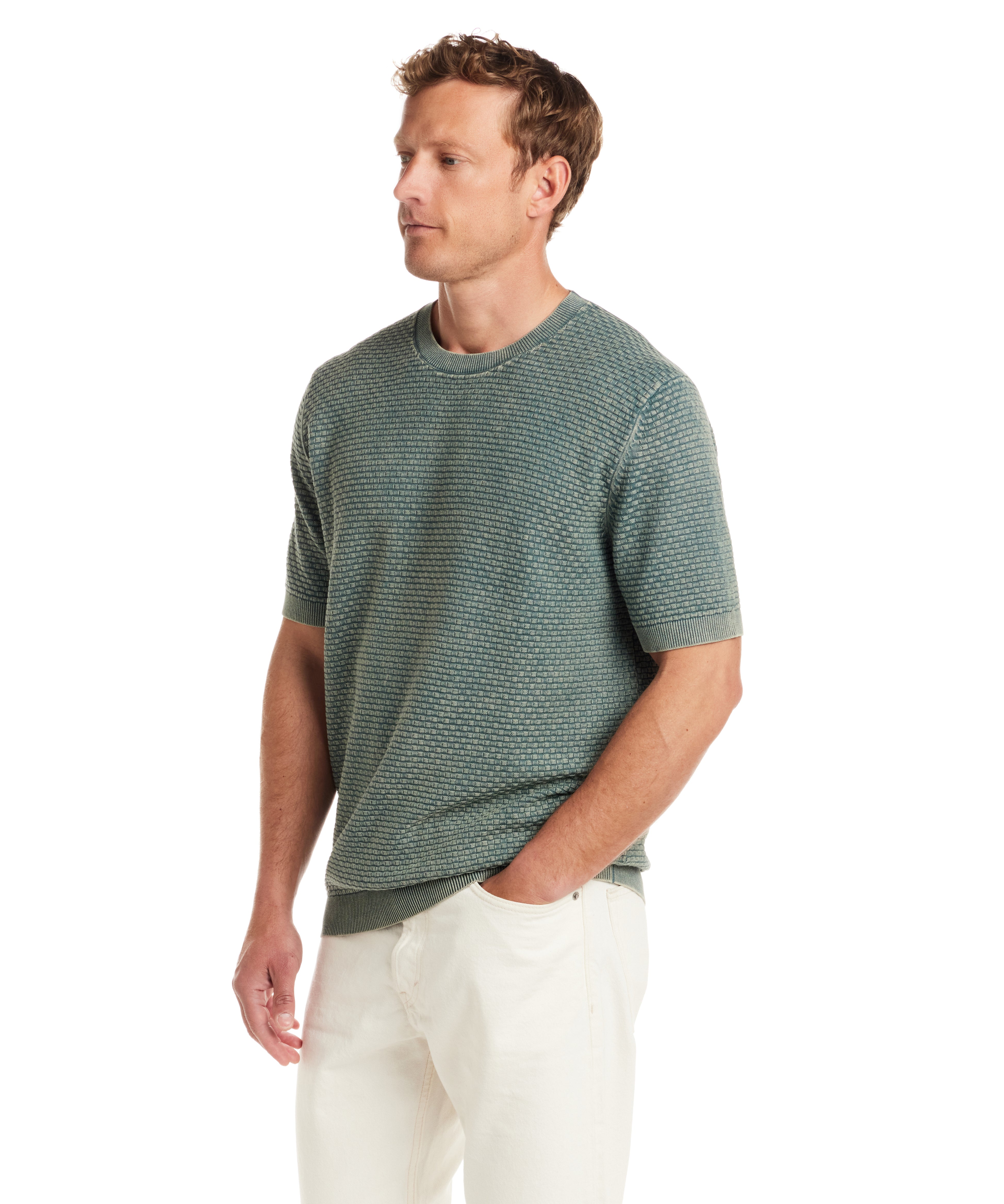 Short sleeve crewneck sweater in Aqua Mist, featuring a textured pattern and a tailored fit, perfect for casual or dressed-up looks.