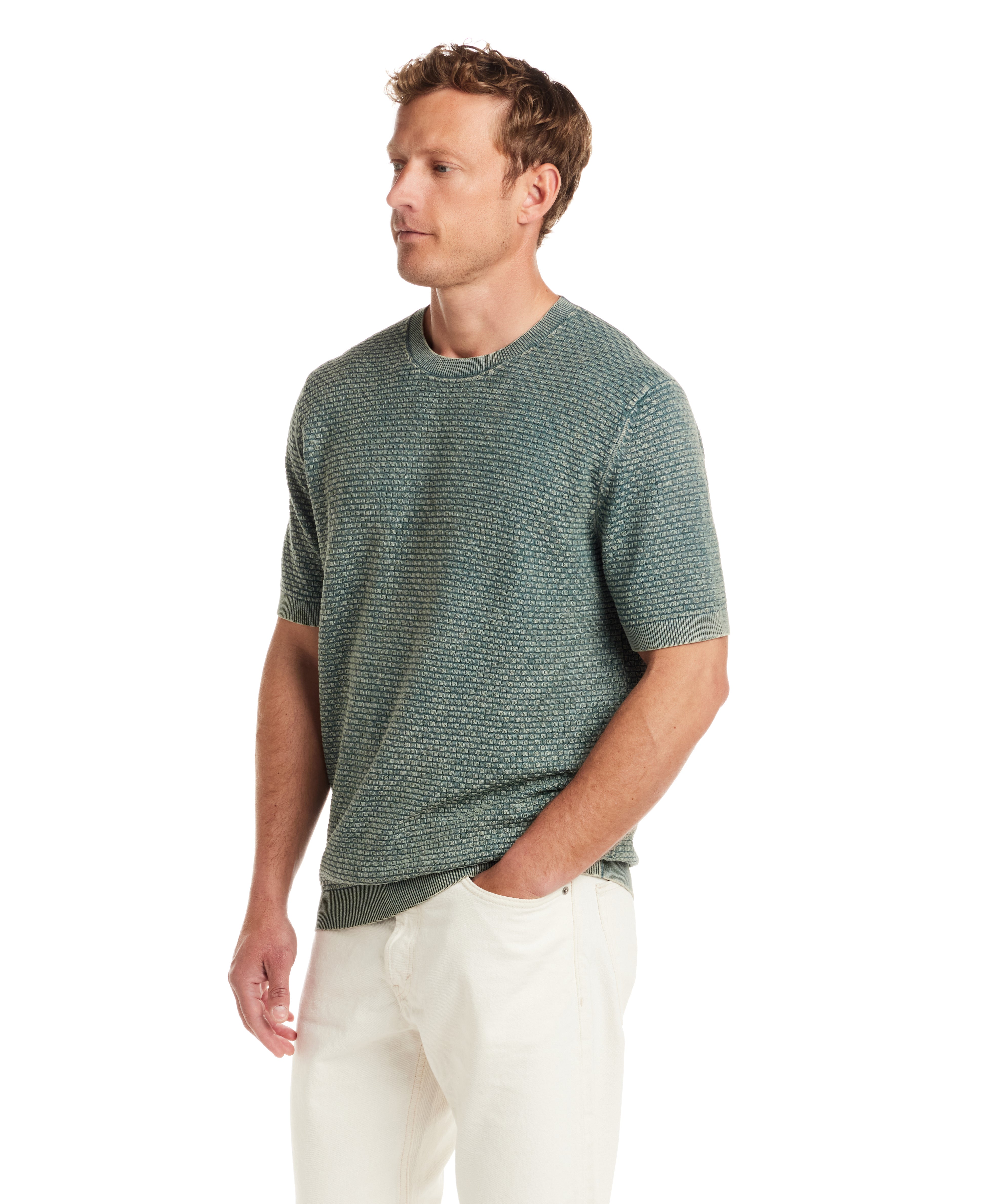 Short sleeve crewneck sweater in Aqua Mist, featuring a textured pattern and a tailored fit, perfect for casual or dressed-up looks.