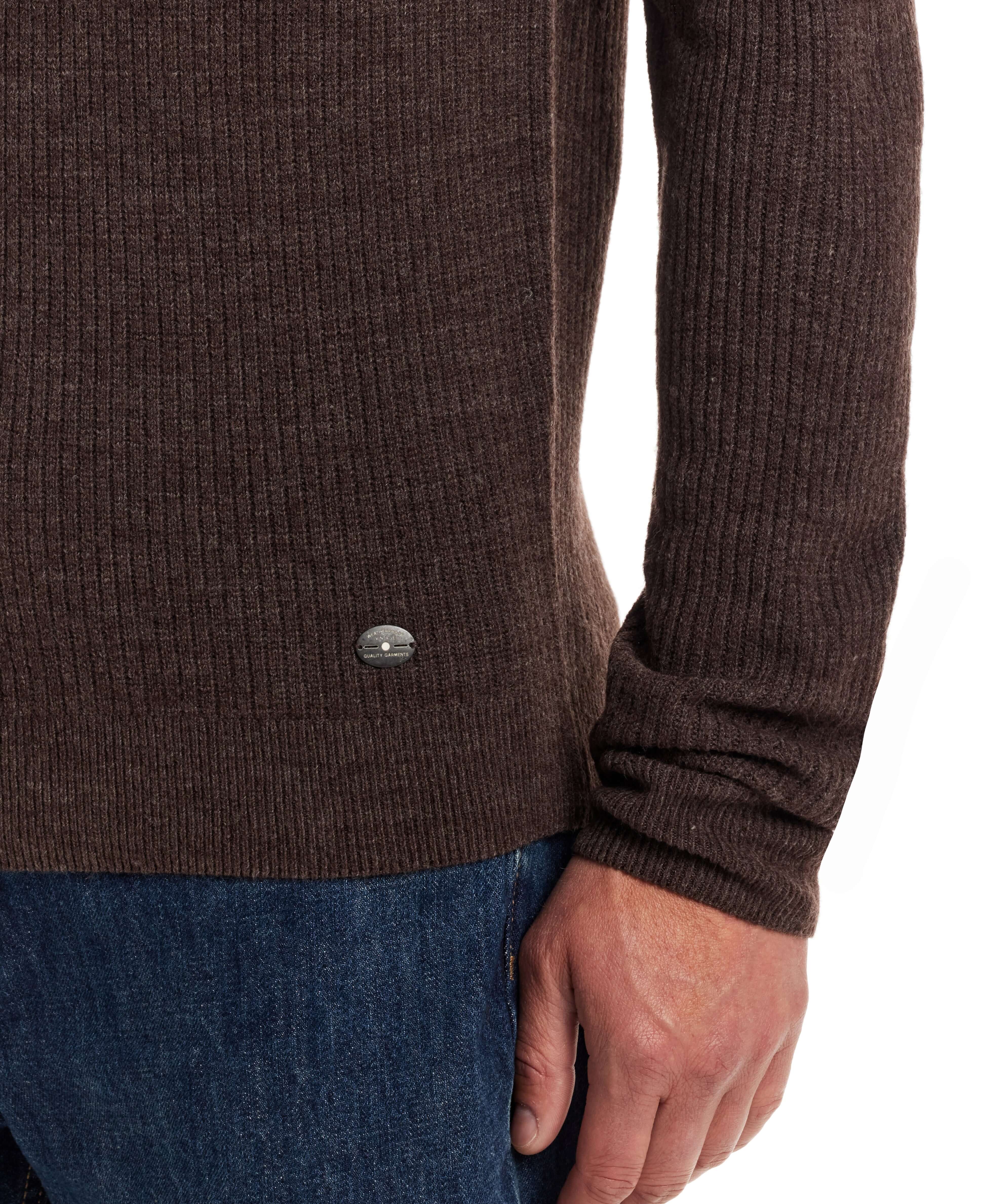 Detail shot of a man's soft touch vertical stitch sweater in Chocolate Torte, showcasing the ribbed texture and button detail.