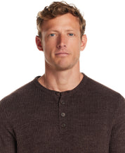 Man wearing a Soft Touch Vertical Stitch Sweater in Chocolate Torte with a four-button placket.