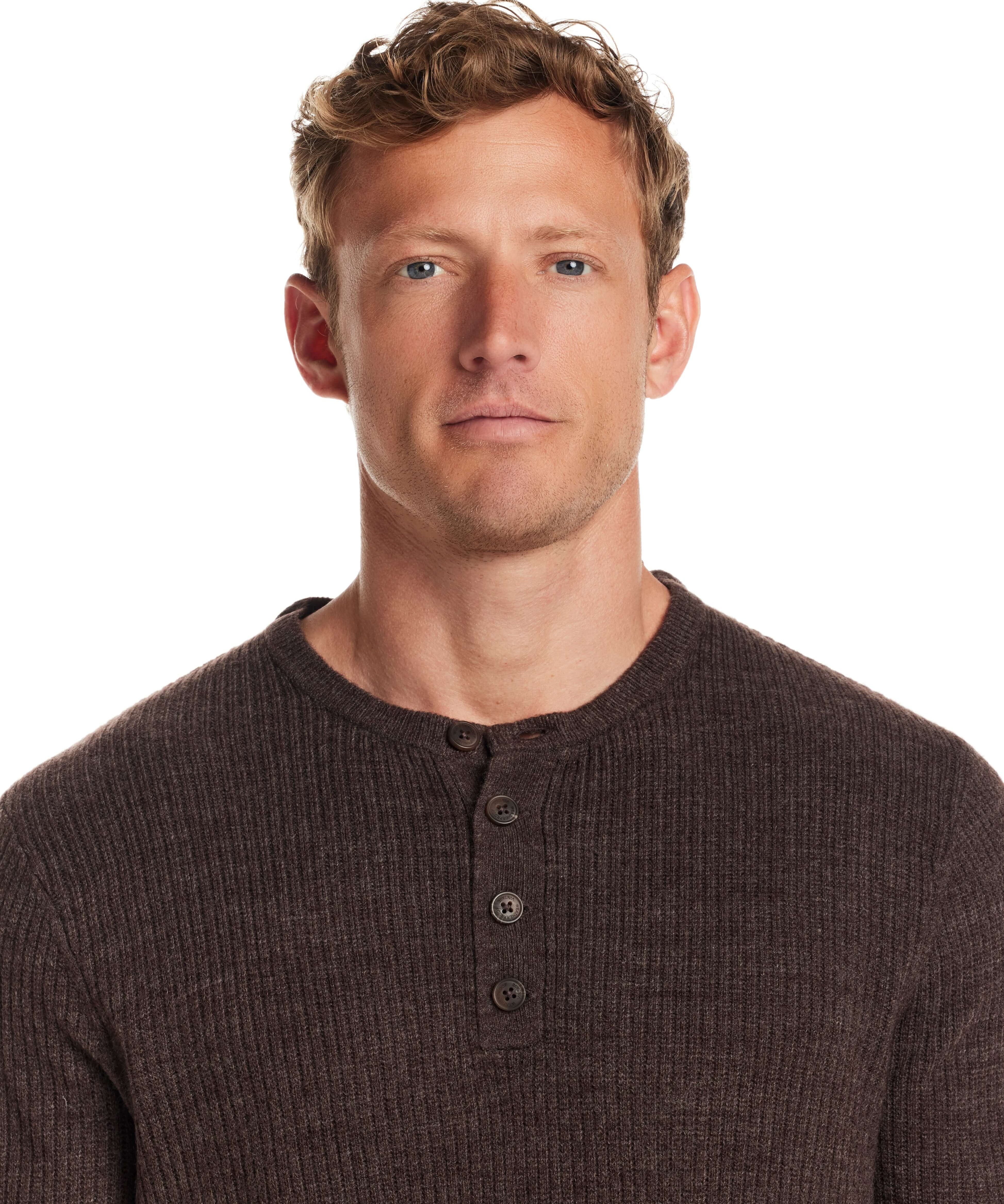 Man wearing a Soft Touch Vertical Stitch Sweater in Chocolate Torte with a four-button placket.