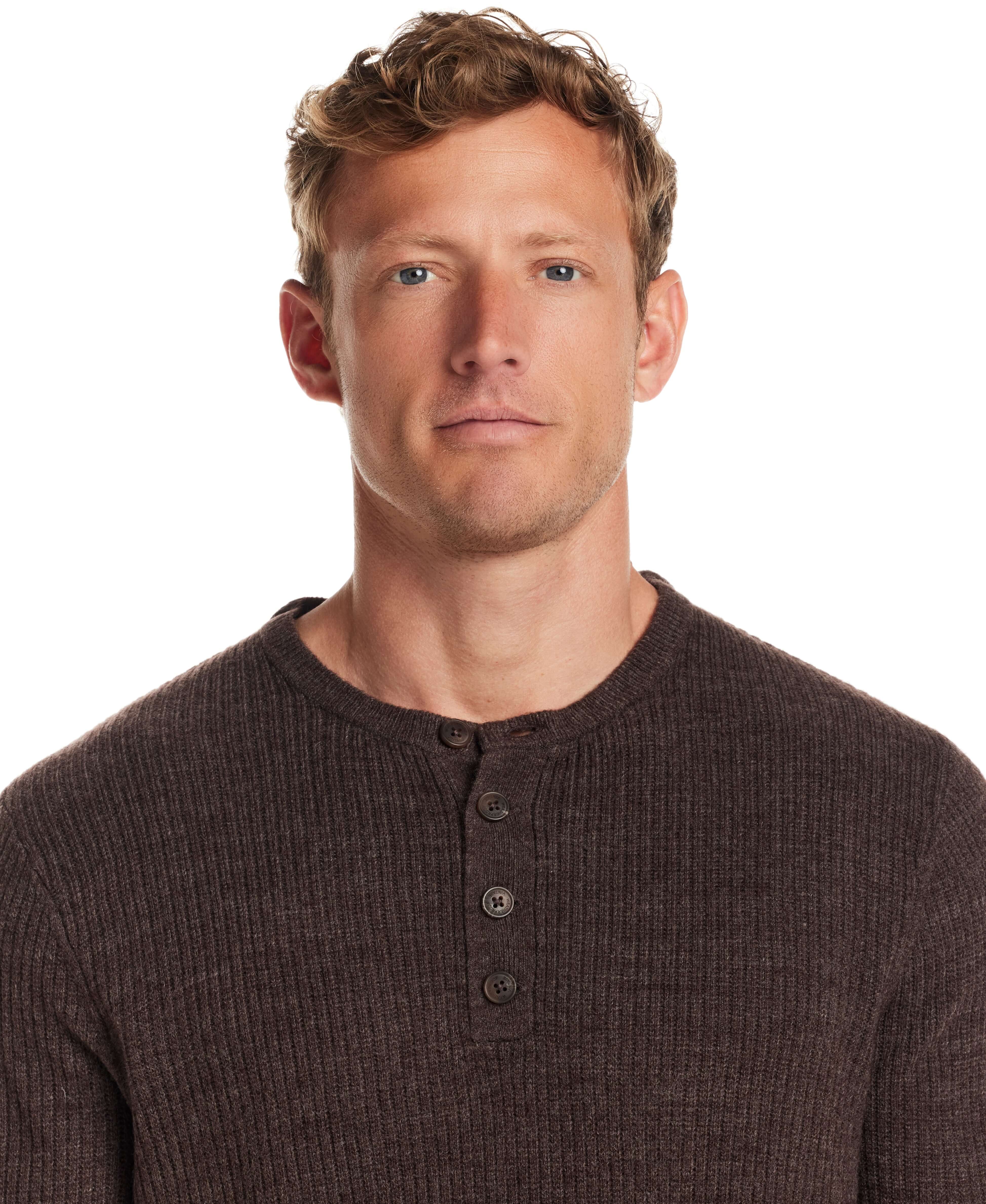 Man wearing a Soft Touch Vertical Stitch Sweater in Chocolate Torte with a four-button placket.