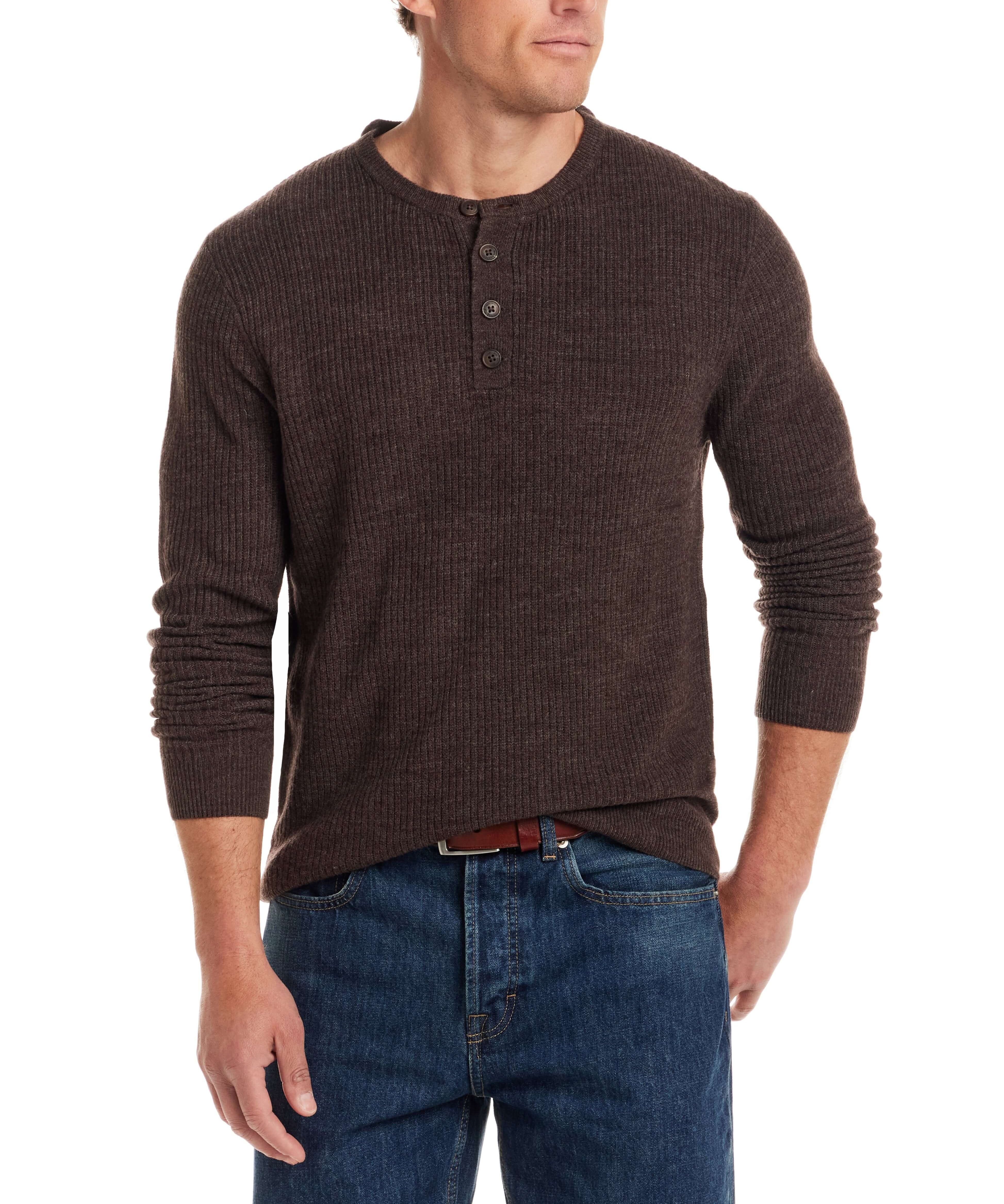 Man wearing a Soft Touch Vertical Stitch Sweater in Chocolate Torte, featuring a four-button placket and ribbed knit detail.