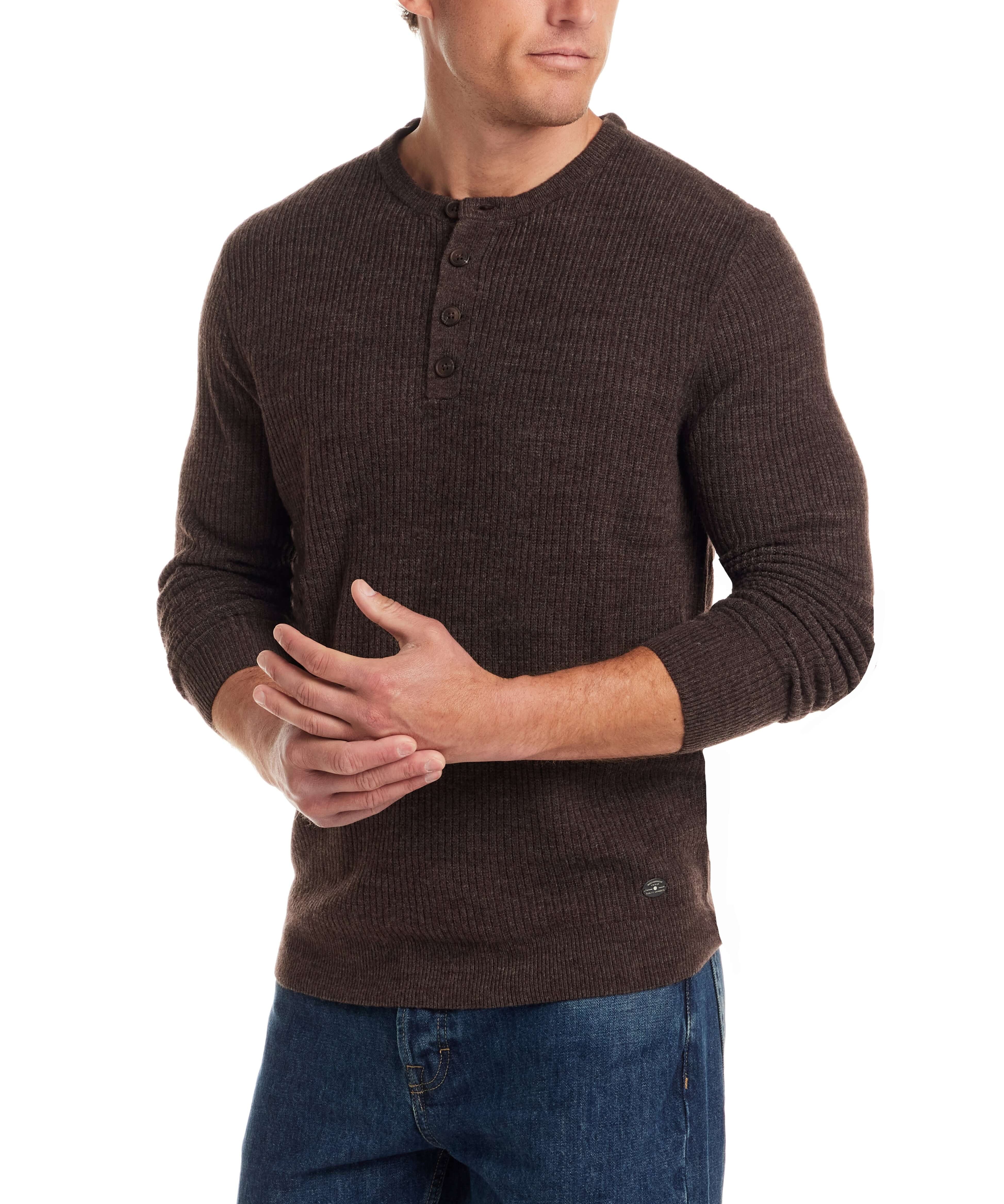 Soft Touch Vertical Stitch Sweater in Chocolate Torte, featuring a four-button placket and ribbed texture, ideal for casual wear.