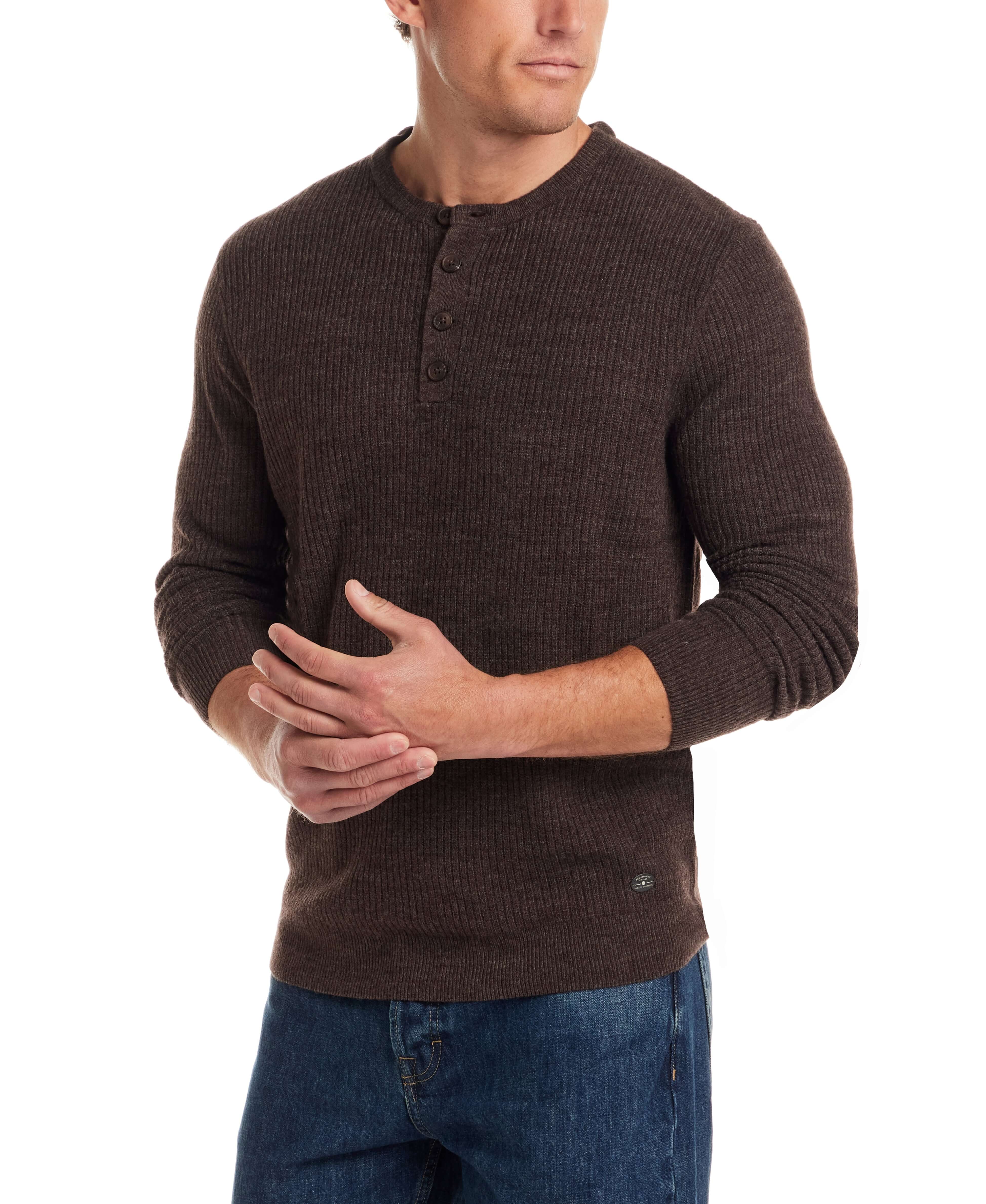 Soft Touch Vertical Stitch Sweater in Chocolate Torte, featuring a four-button placket and ribbed texture, ideal for casual wear.