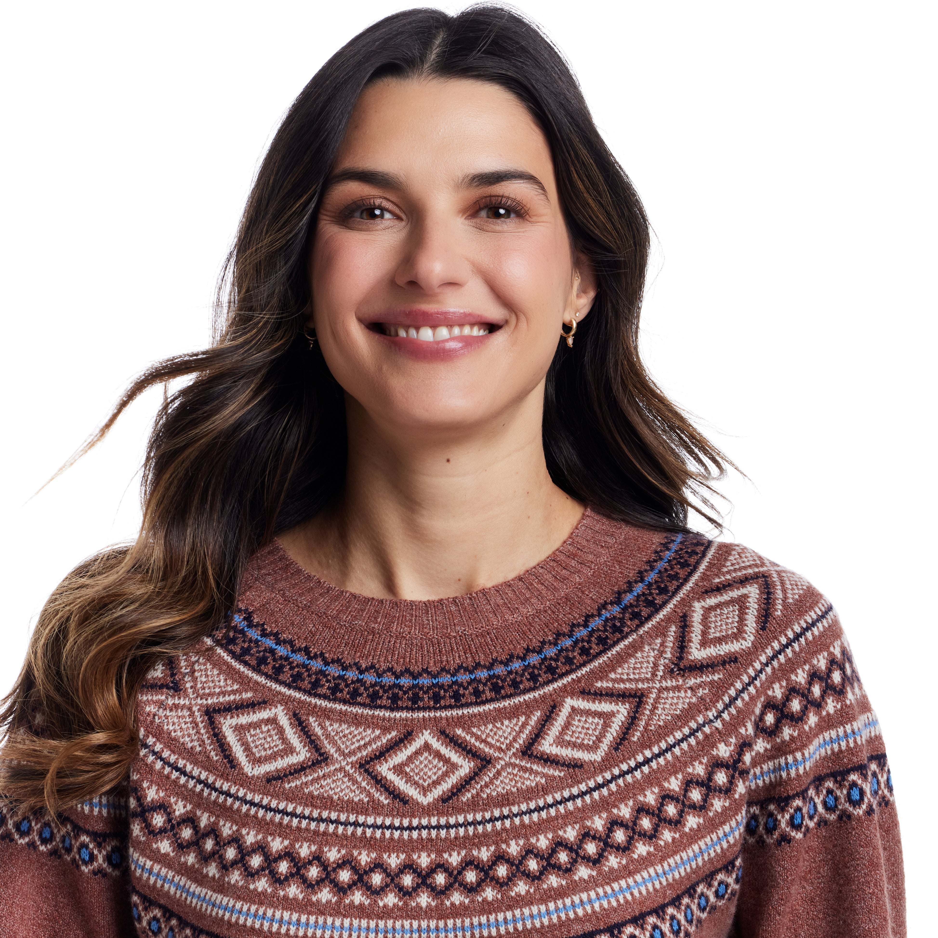 Women's Fair Isle Sweater in Copper, featuring a cozy design and brushed Fair Isle pattern, model smiling while wearing it.