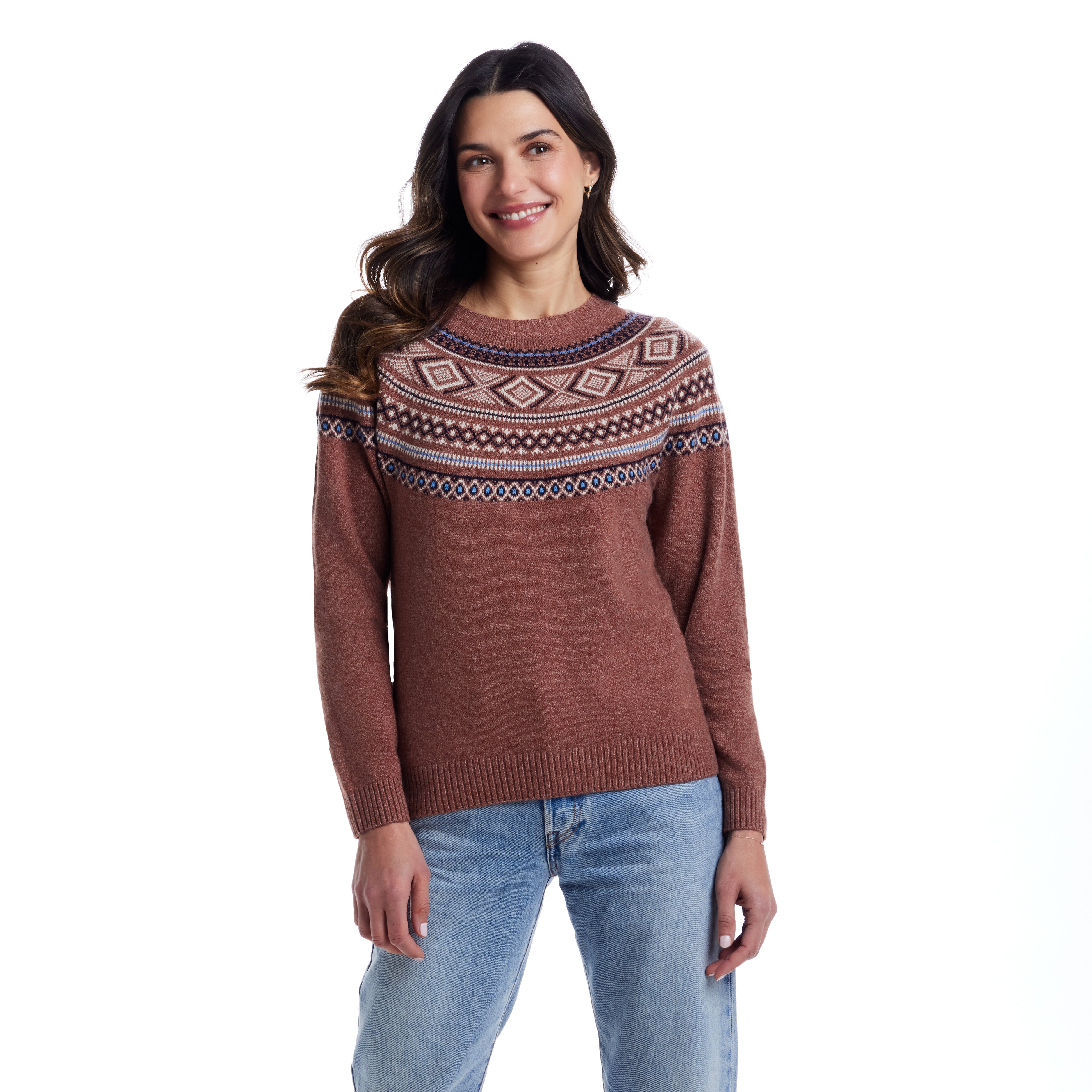Women's Fair Isle Sweater in Copper, featuring a cozy brushed pattern, perfect for layering in colder seasons.