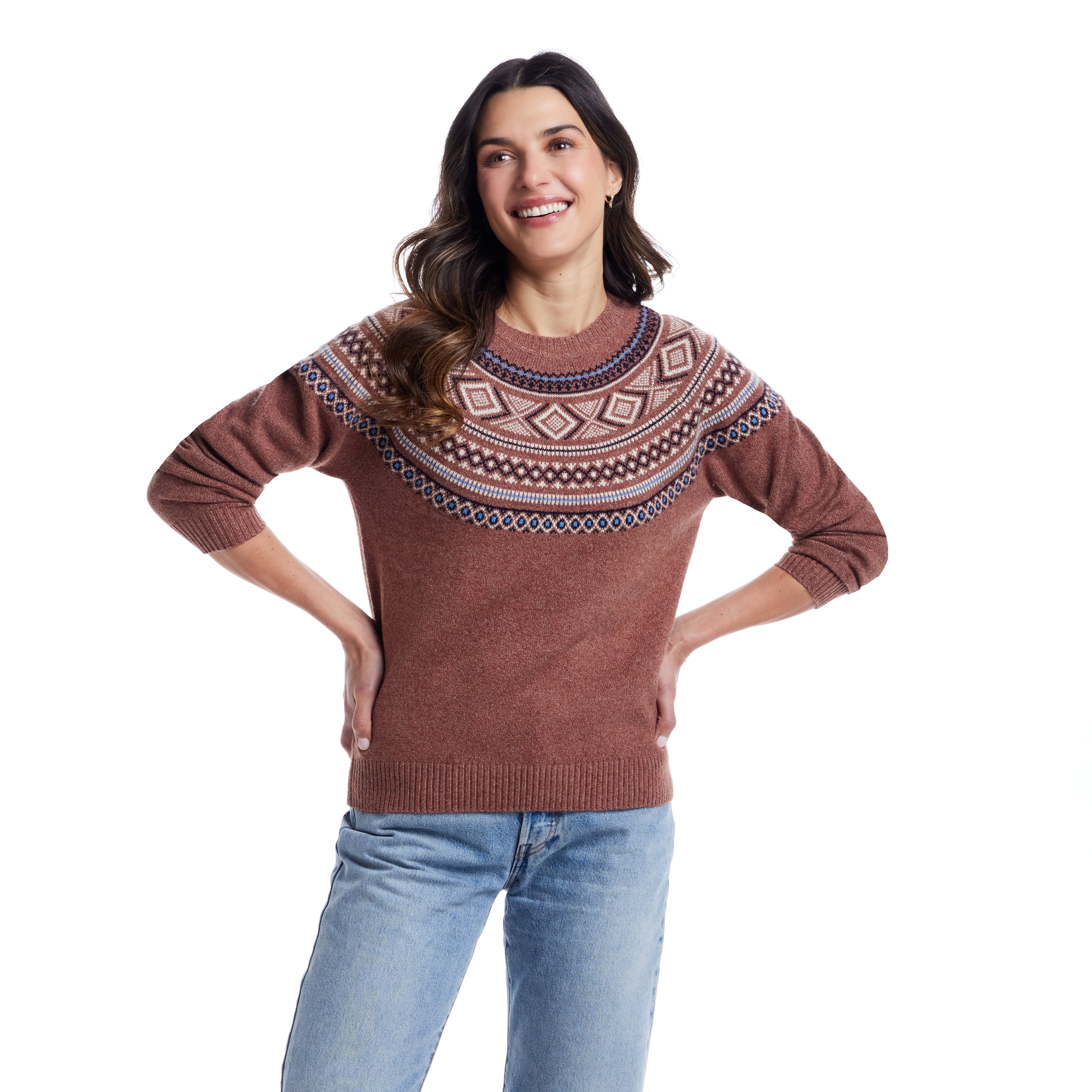 Women's Fair Isle Sweater in Copper on a model, showcasing its cozy design and stylish brushed pattern.