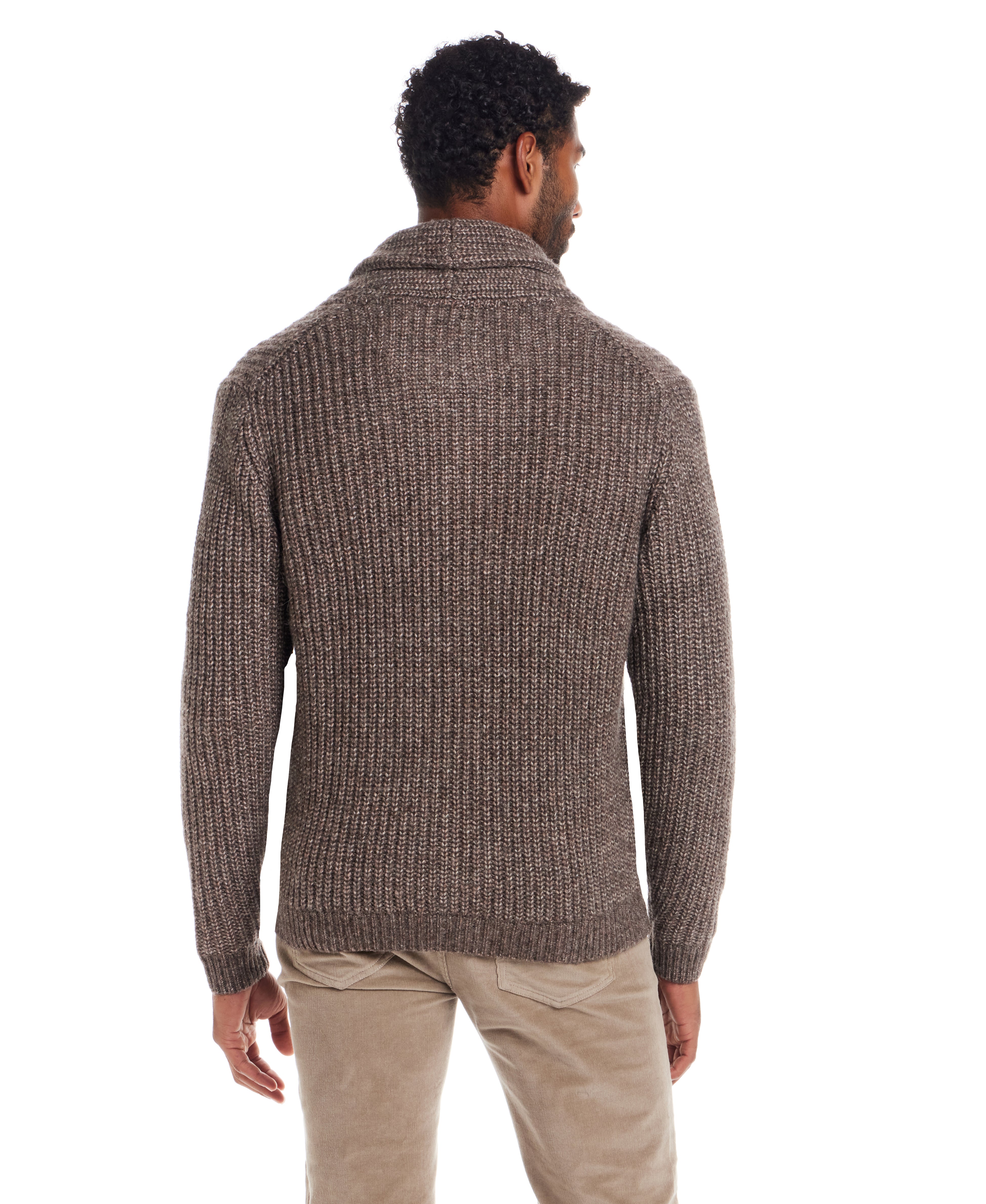 Back view of a man wearing the Alpaca Blend Cardigan in Espresso, showcasing its shawl collar and chunky knit texture.