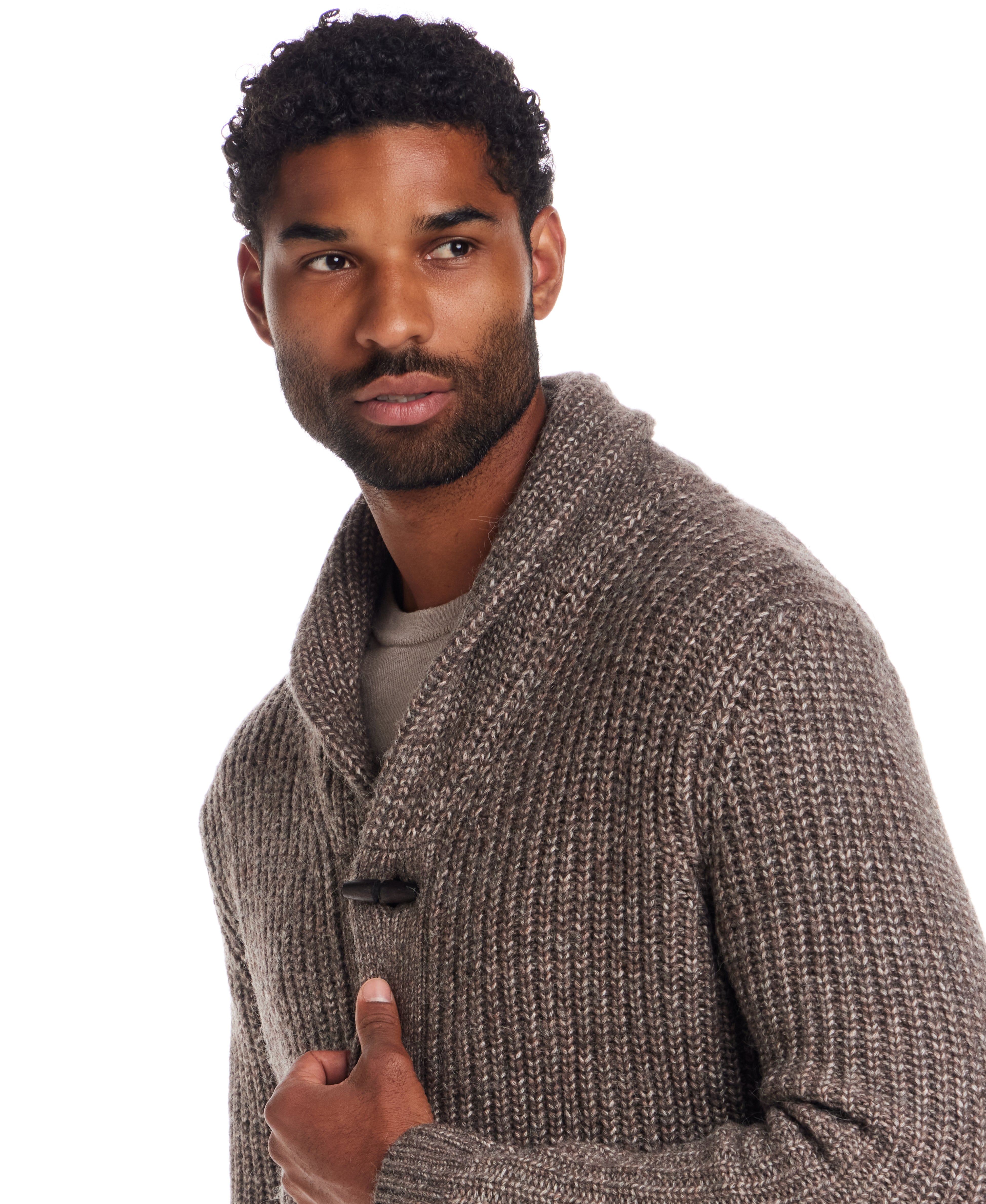 Model wearing Alpaca Blend Cardigan in Espresso, showcasing shawl collar and toggle closure with rib knit texture.