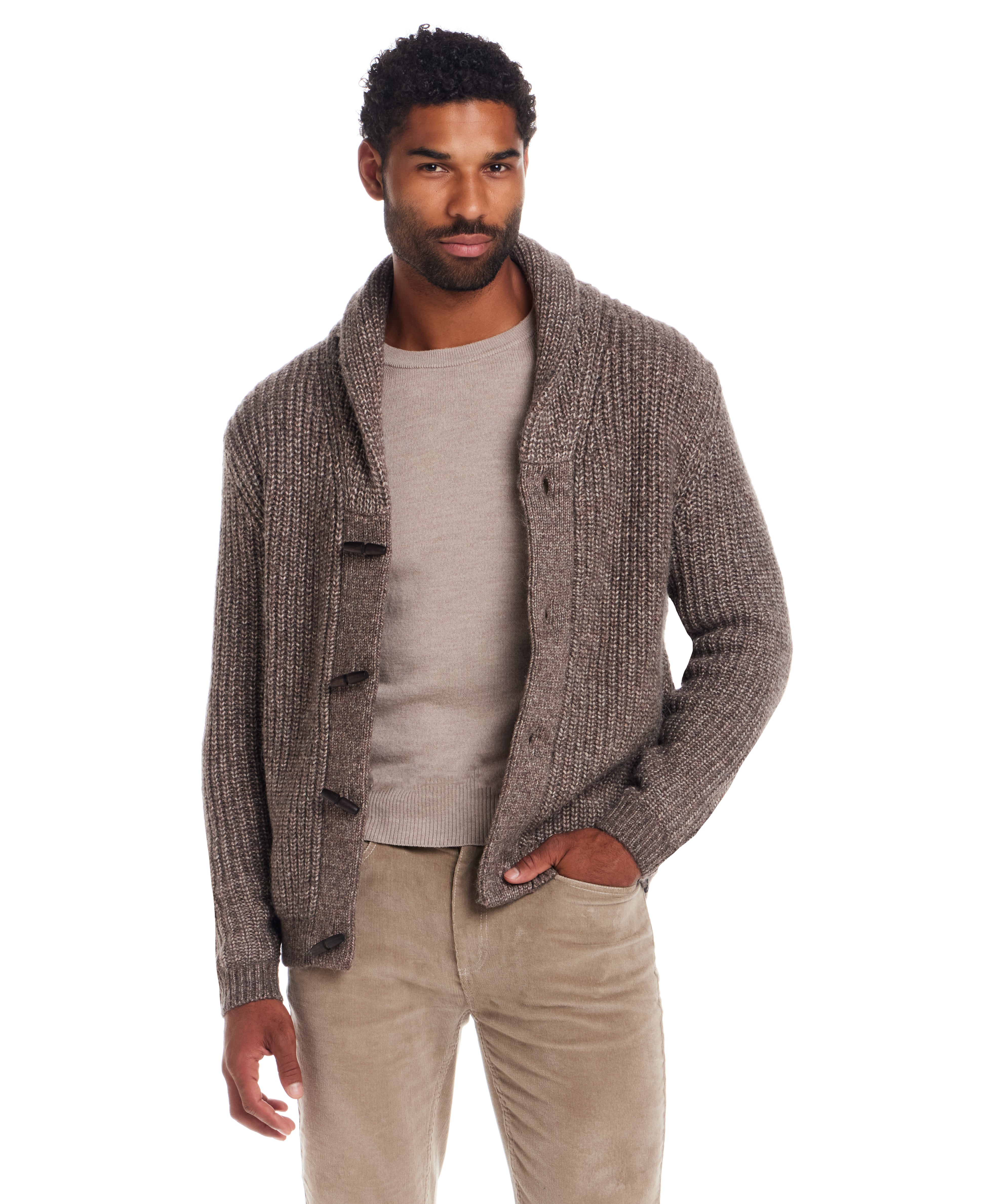 Alpaca Blend Cardigan in Espresso worn by a man, featuring a shawl collar and toggle closures, ideal for cooler days.
