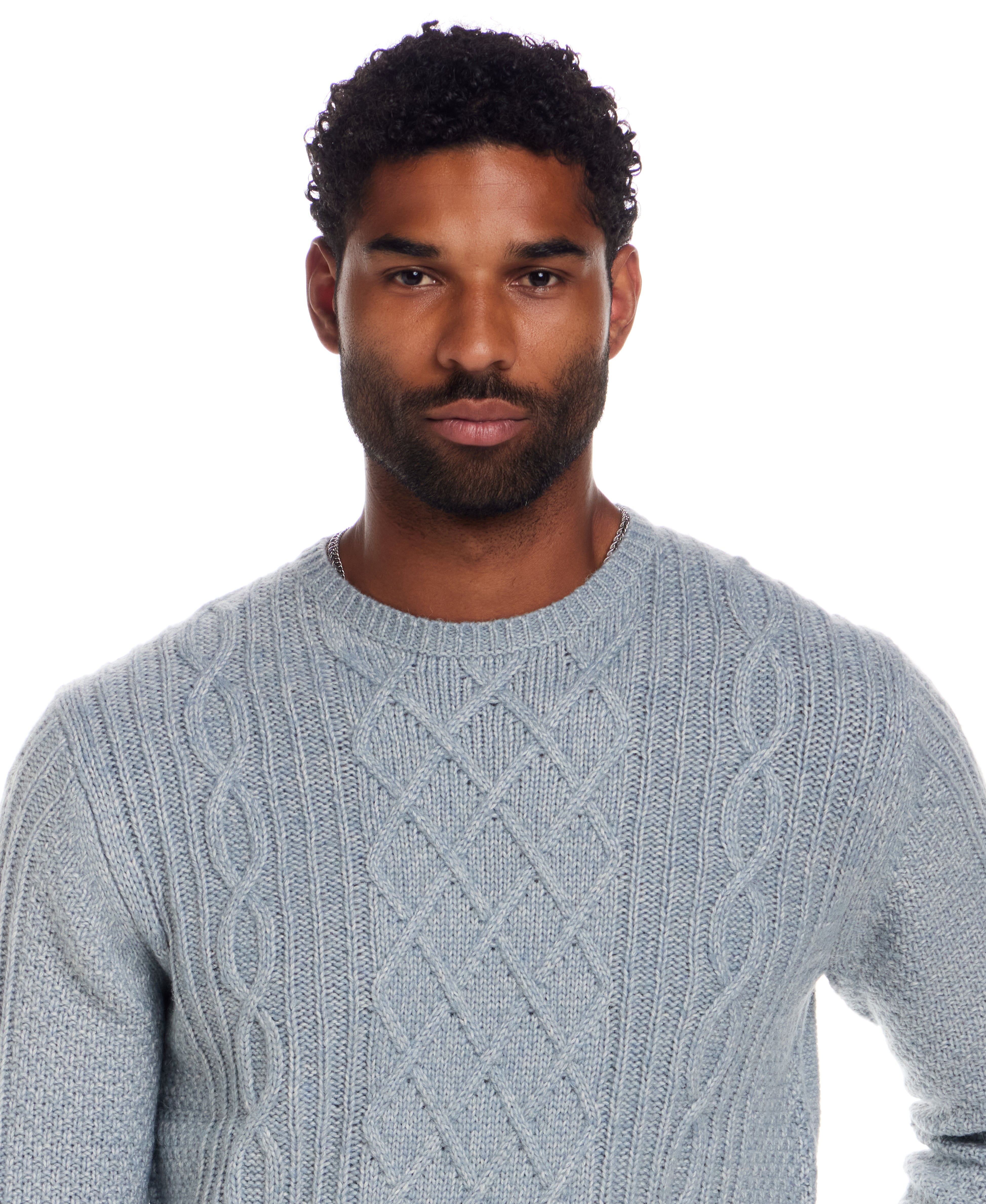 Alpaca Blend Cable Knit Crew in Light Denim