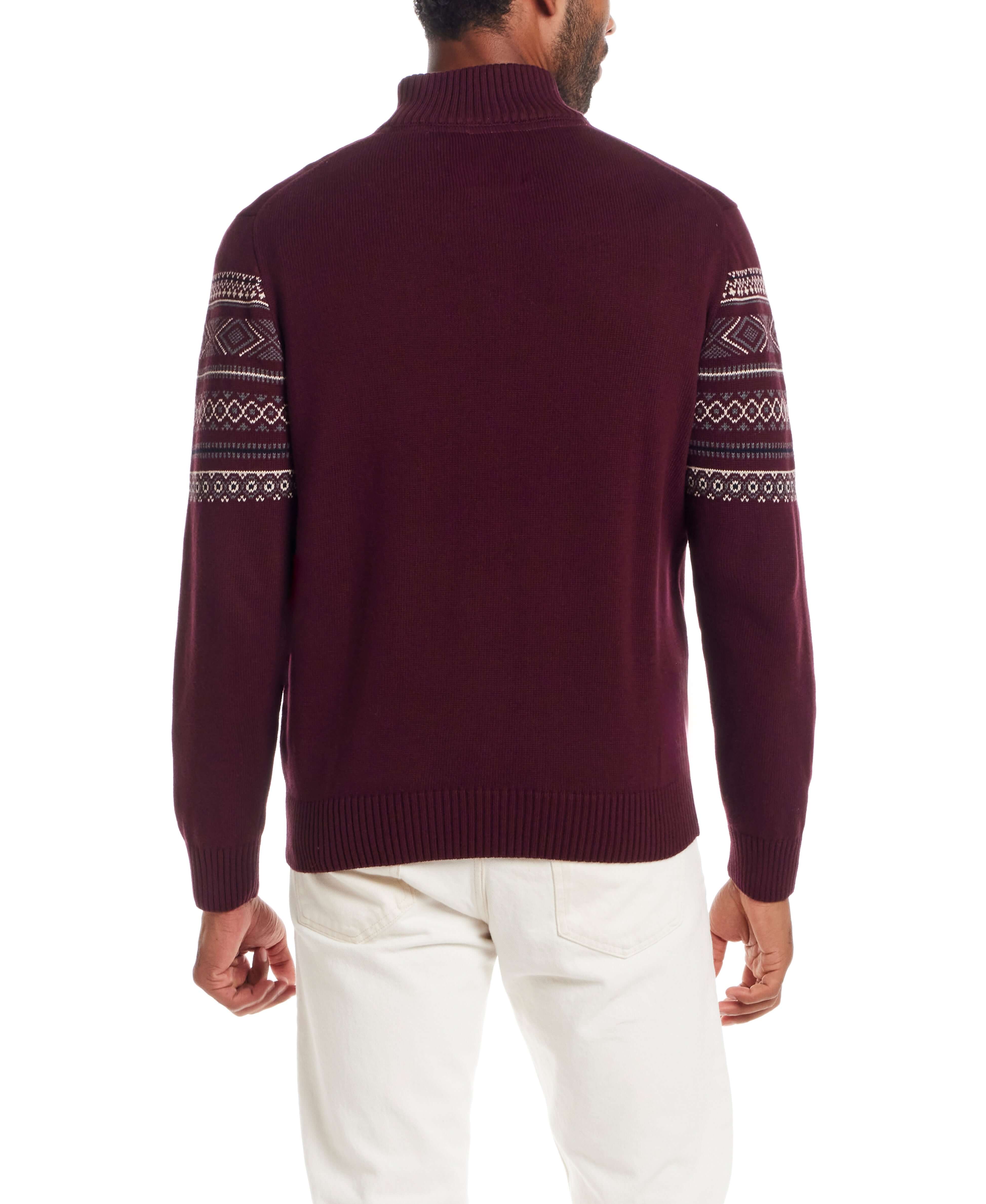 Pinpoint Fair Isle Quarter Zip in Deep Burgundy, showcasing the back view with Fair Isle detailing.