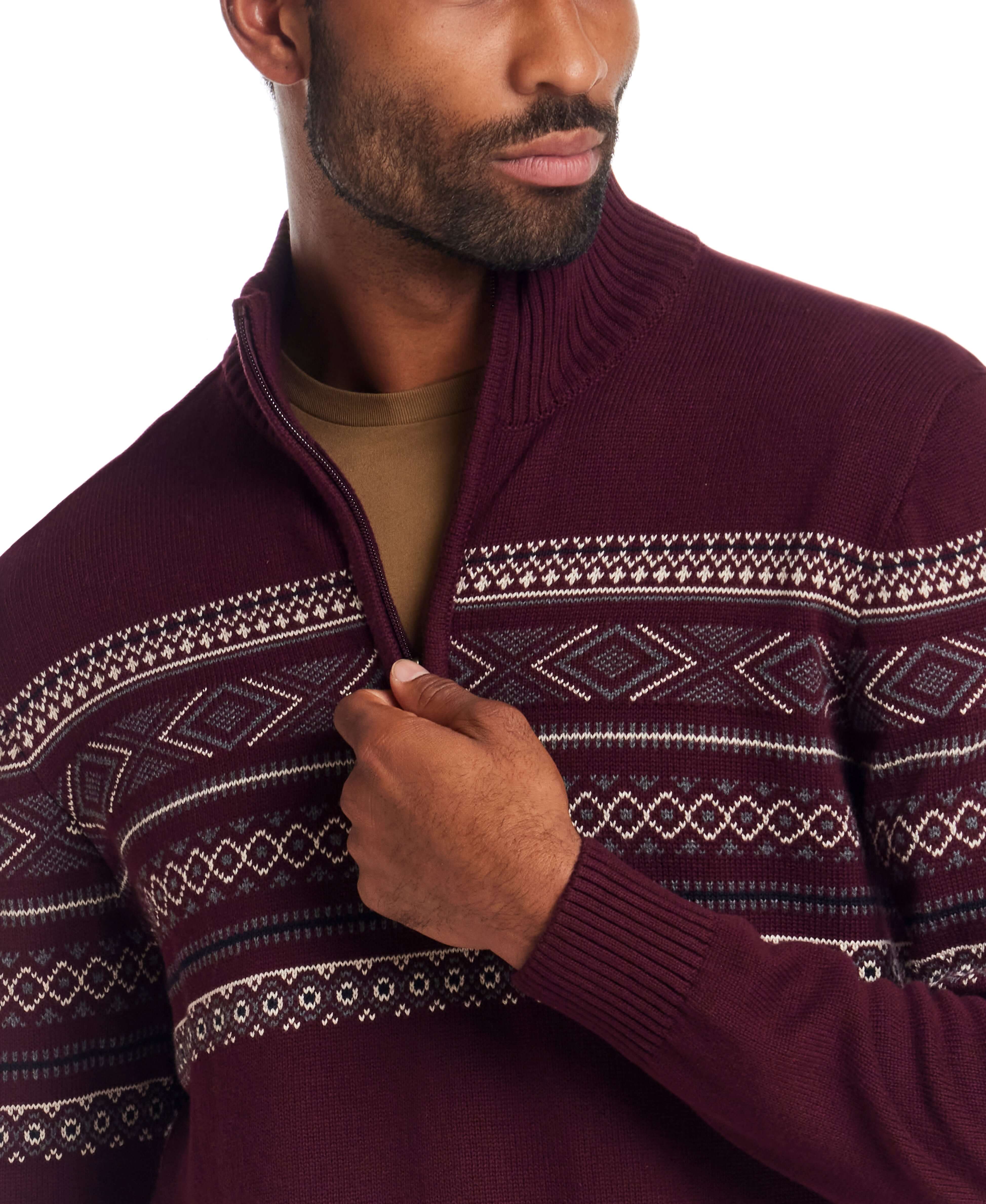 Pinpoint Fair Isle Quarter Zip in Deep Burgundy featuring traditional chest pattern and classic quarter-zip design.