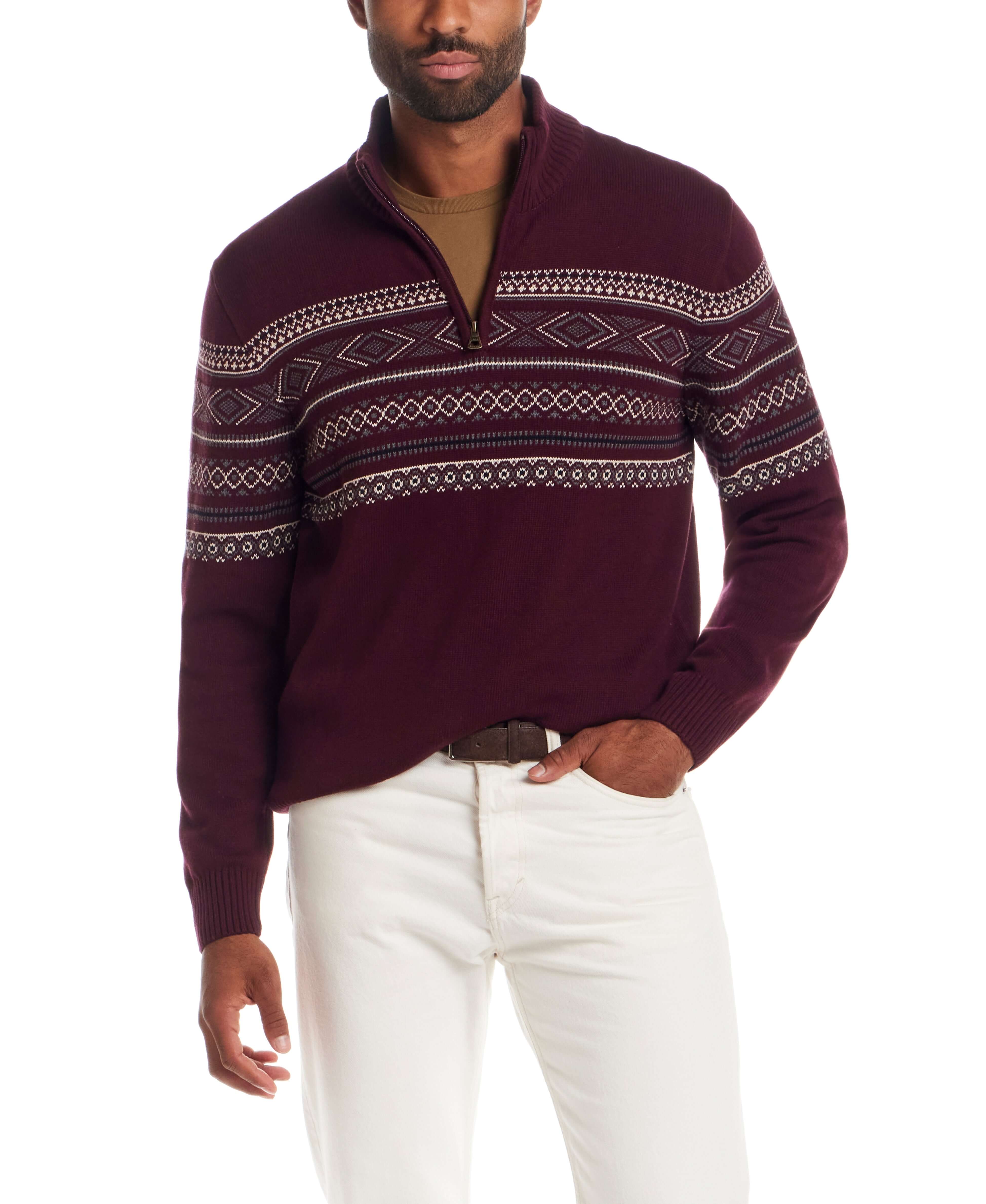 Pinpoint Fair Isle Quarter Zip in Deep Burgundy featuring a Fair Isle pattern and quarter-zip neckline, styled for a modern look.