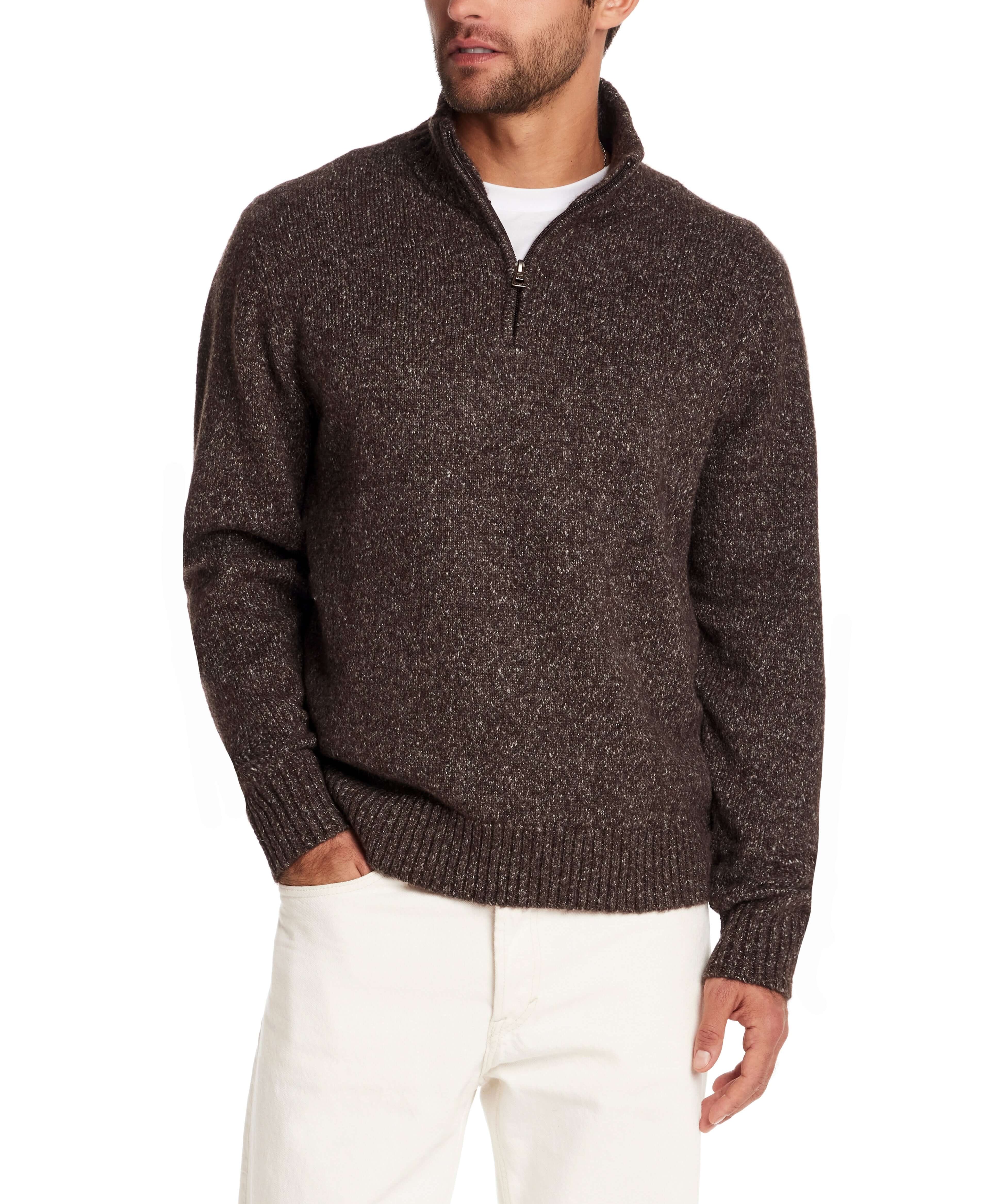 Fuzzy quarter zip sweater in brown, featuring a mock neck and ribbed cuffs for stylish comfort.