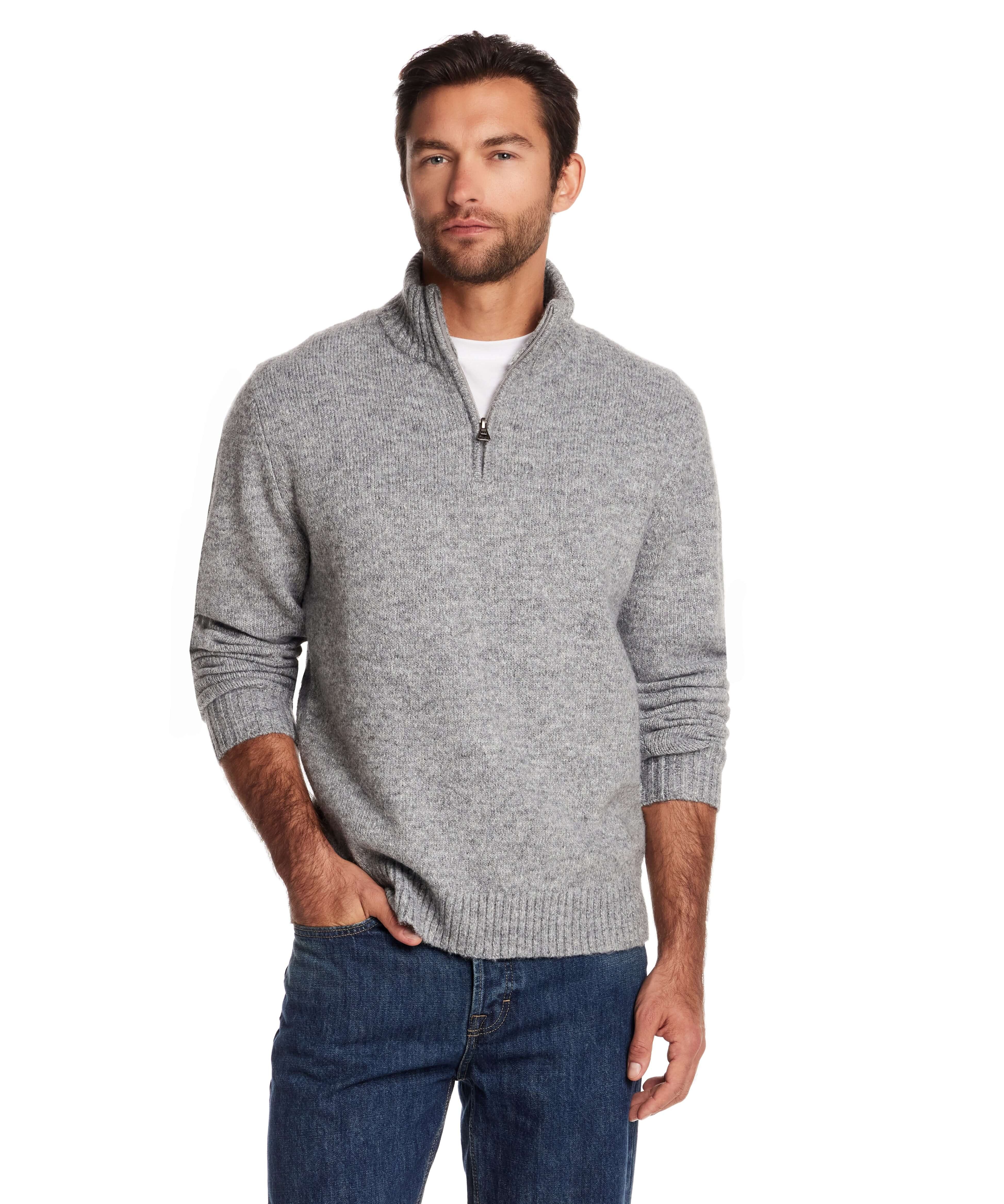 Men's fuzzy quarter zip sweater in grey, featuring a mock neck and ribbed cuffs, perfect for versatile layering.