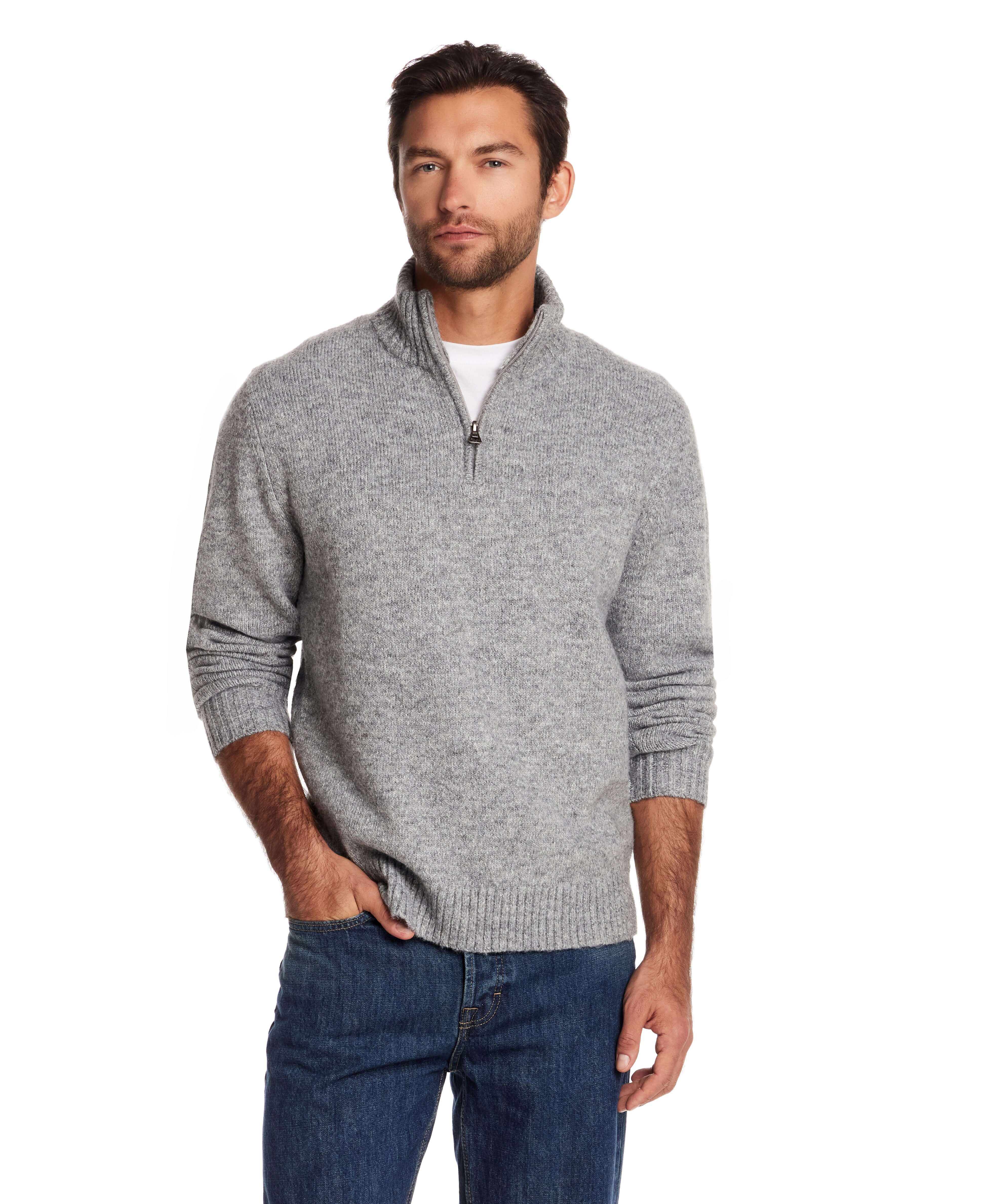 Men's fuzzy quarter zip sweater in grey, featuring a mock neck and ribbed cuffs, perfect for versatile layering.