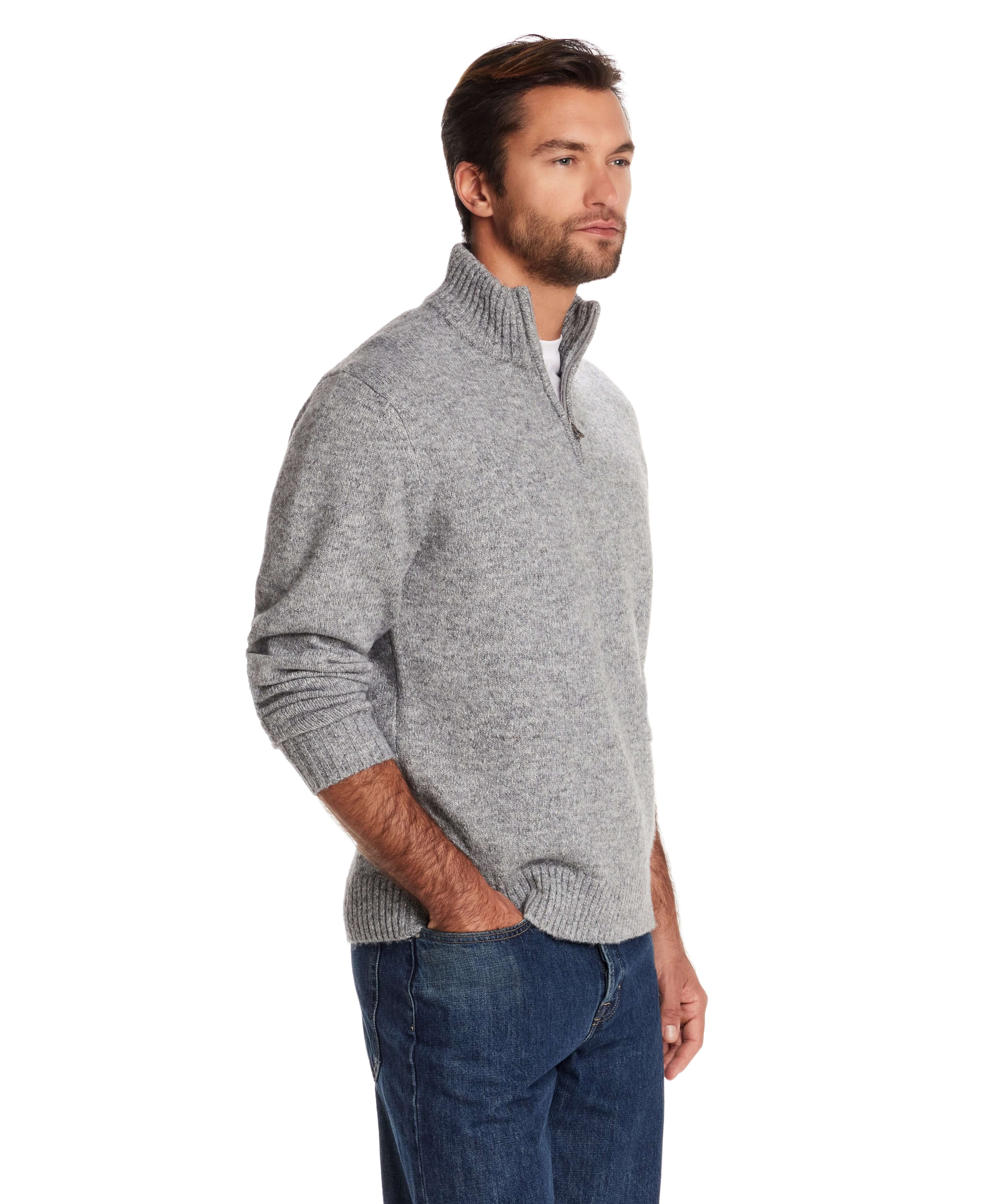 Fuzzy quarter zip sweater in grey, featuring a mock neck and ribbed cuffs, perfect for casual and cool weather layering.