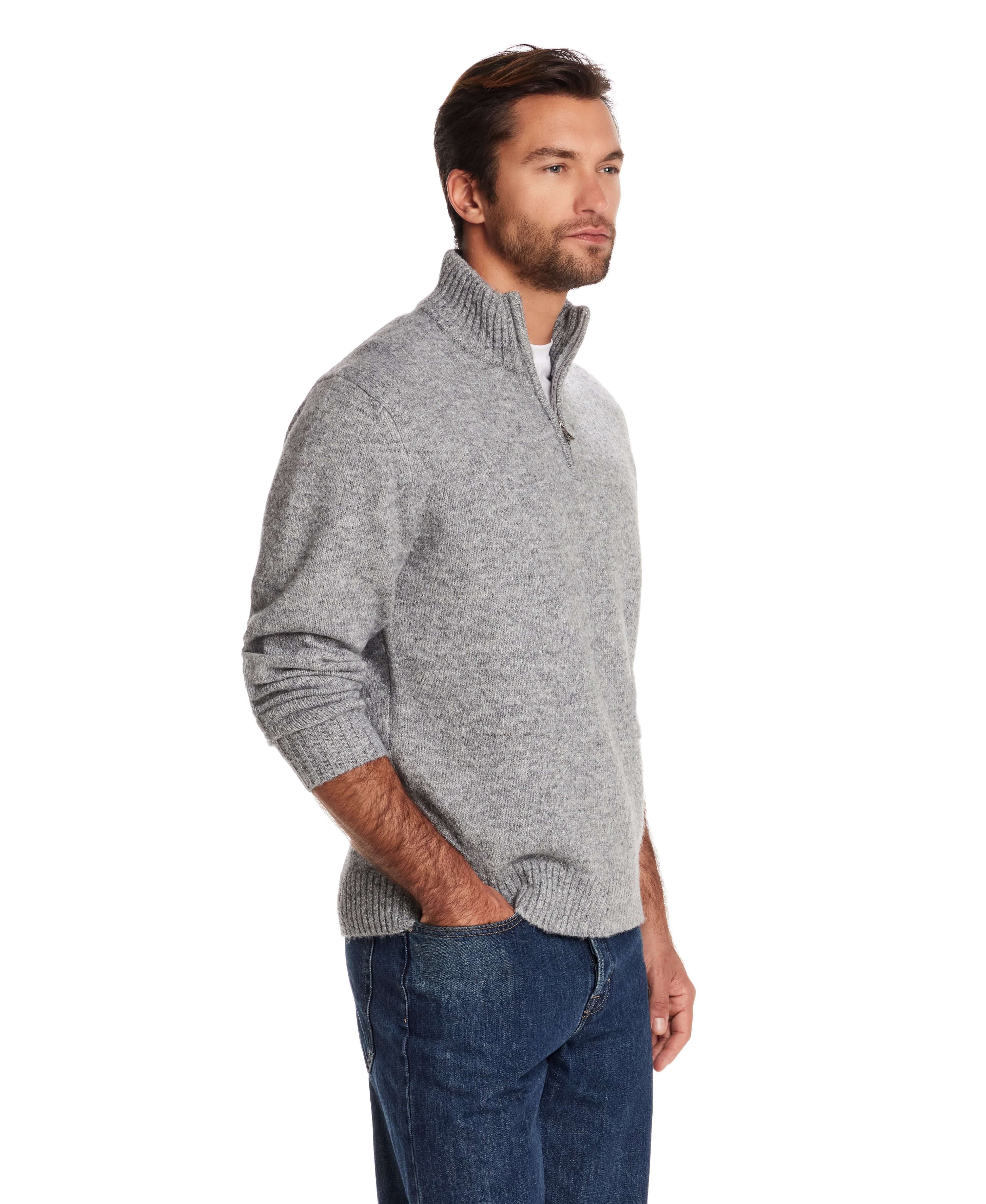 Fuzzy quarter zip sweater in grey, featuring a mock neck and ribbed cuffs, perfect for casual and cool weather layering.