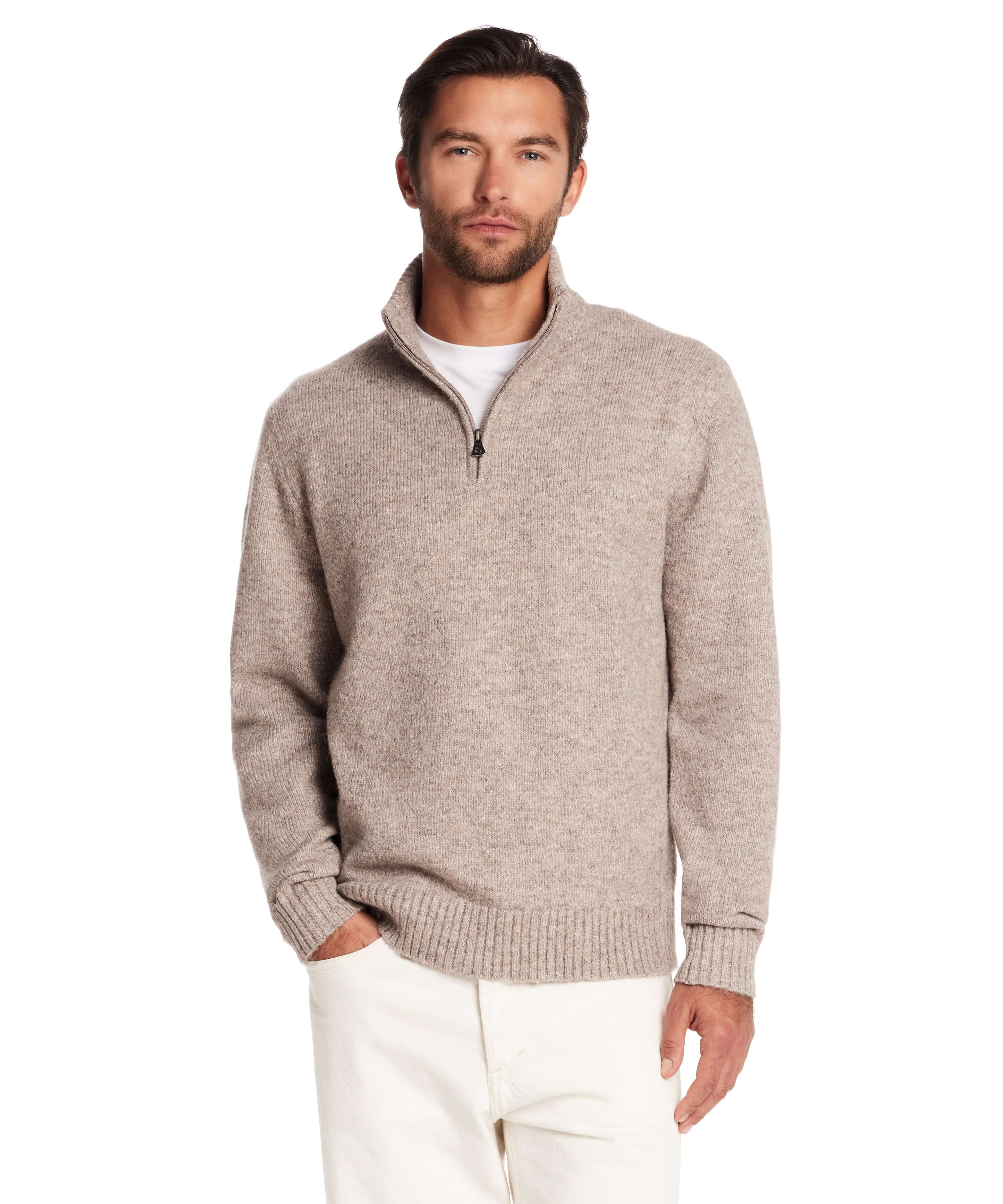 Fuzzy quarter zip sweater in taupe, featuring a soft feel, mock neck, and ribbed details for comfort and style.