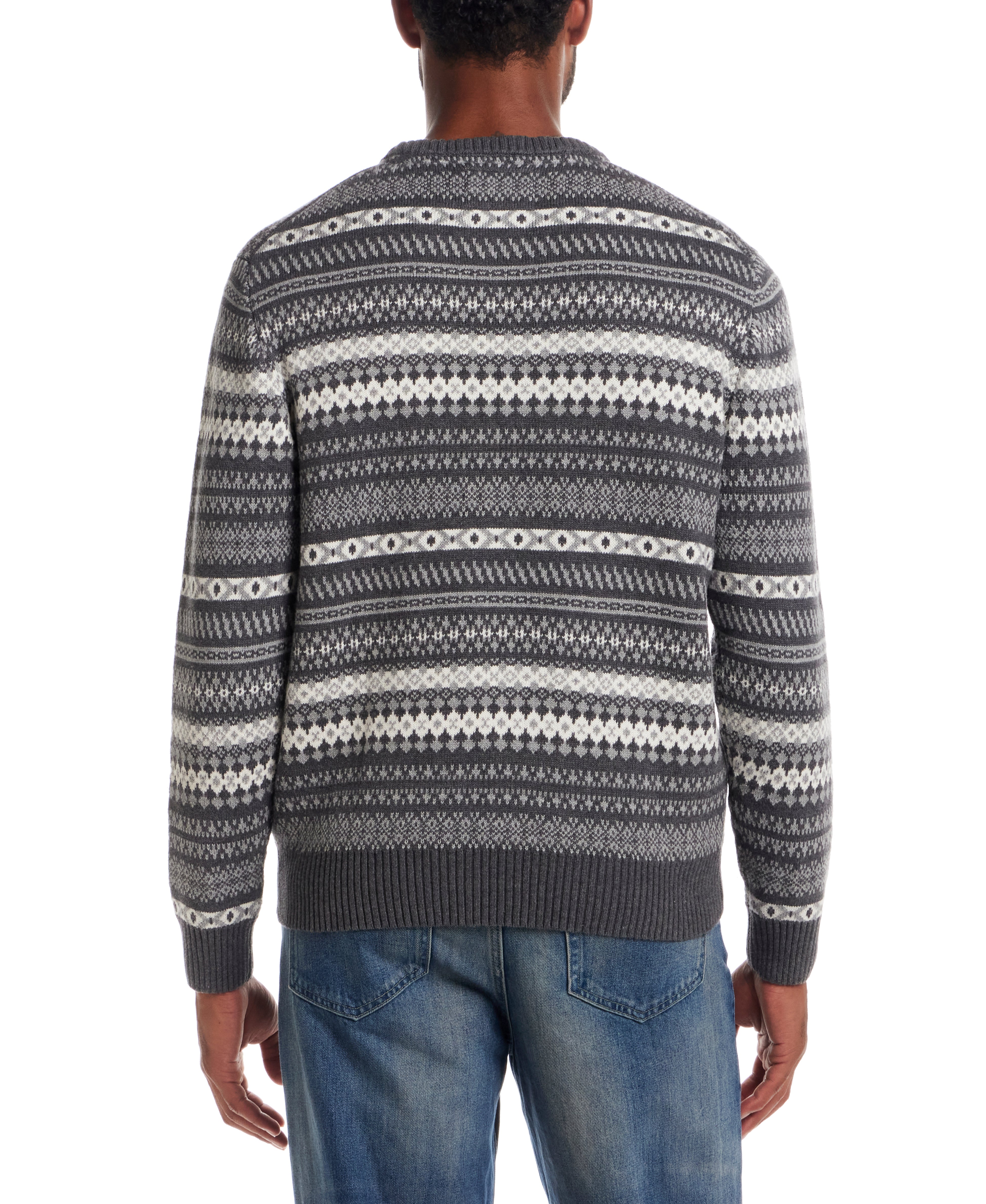 Allover Fair Isle Crew in Smoke Grey Heather, back view showcasing classic multi-stripe design in cotton knit.