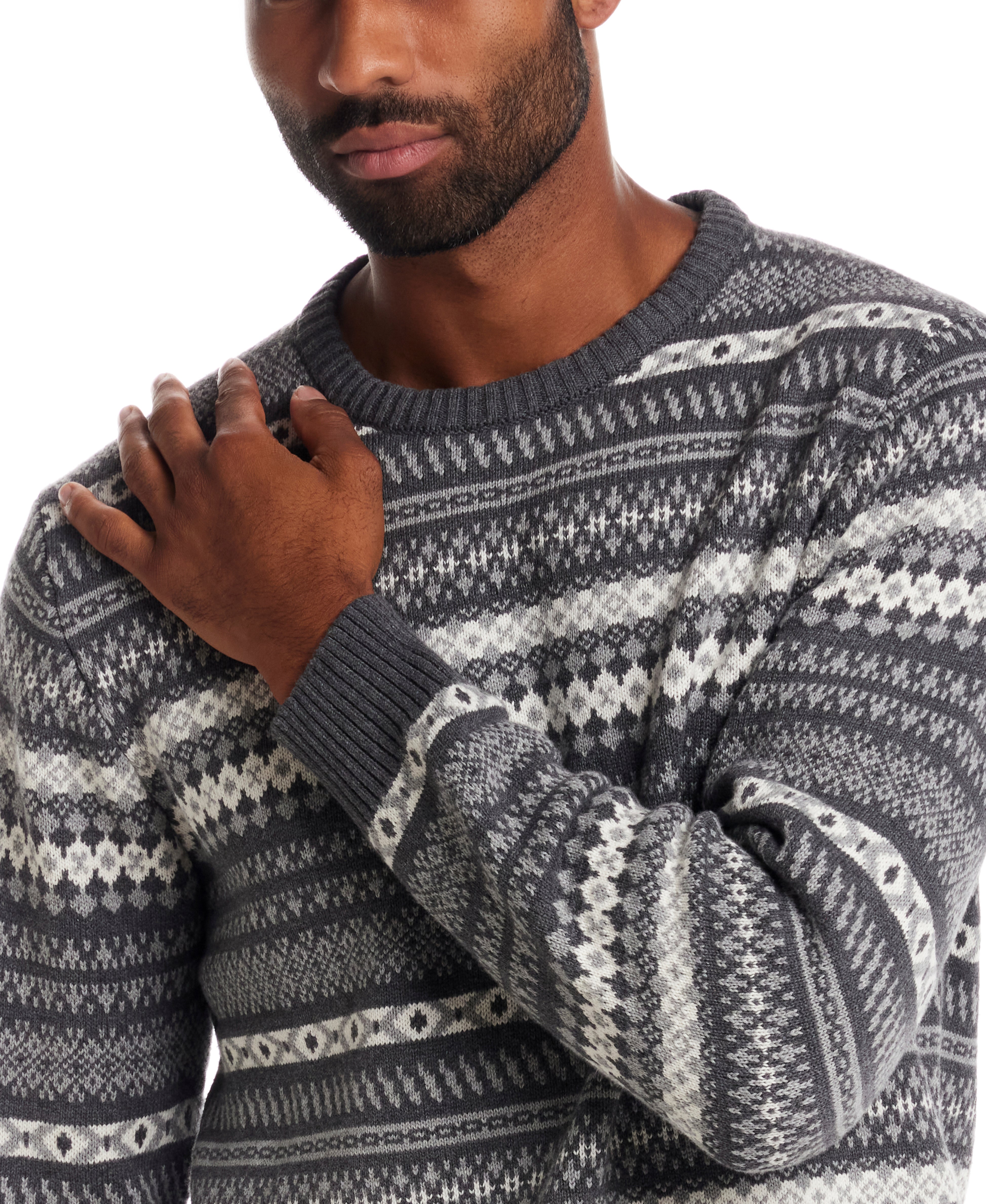 Allover Fair Isle Crew in Smoke Grey Heather, showcasing classic Fair Isle pattern with a crew neck and cotton knit.