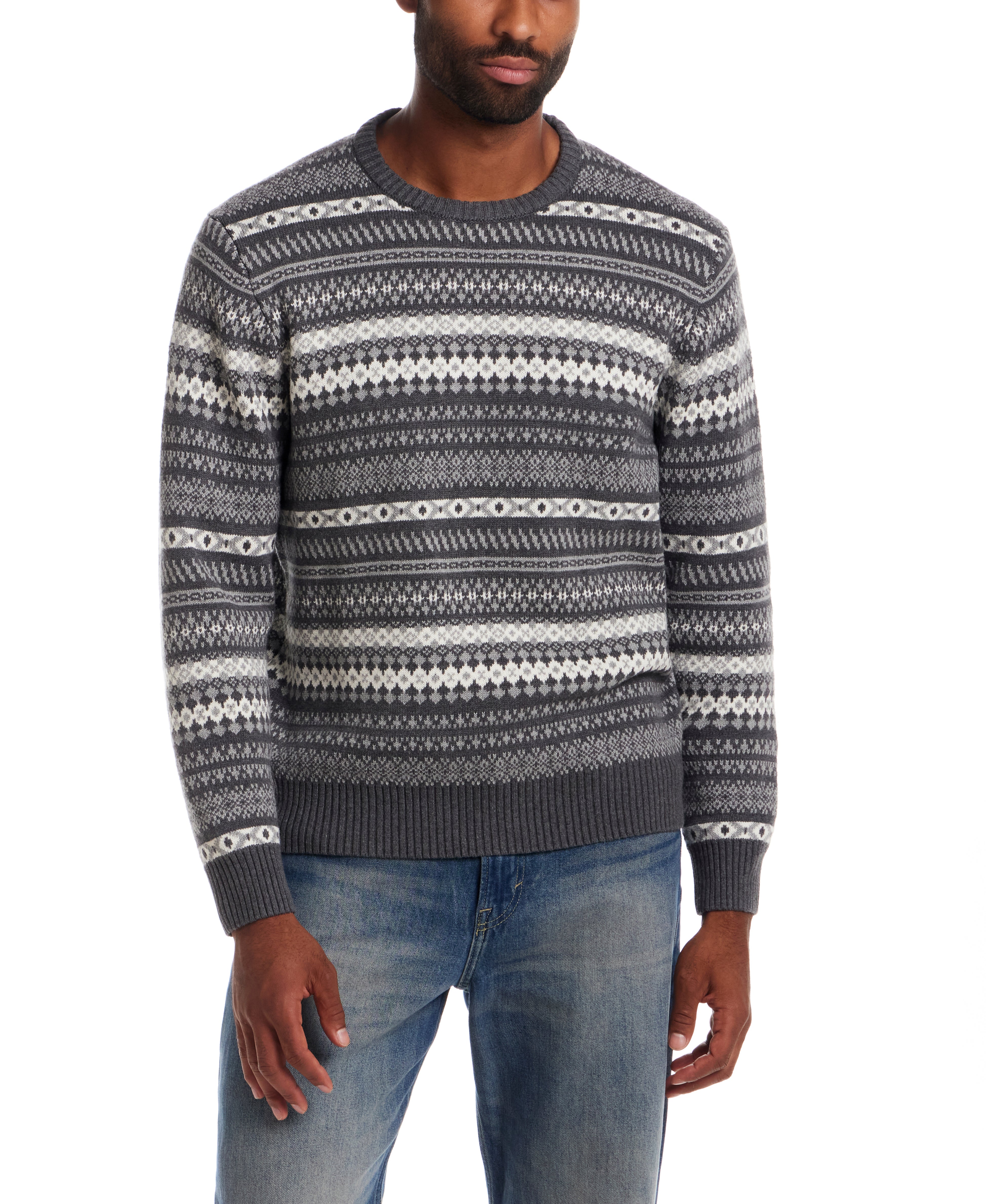Allover Fair Isle Crew in Smoke Grey Heather worn by a model, featuring classic multi-stripe pattern.