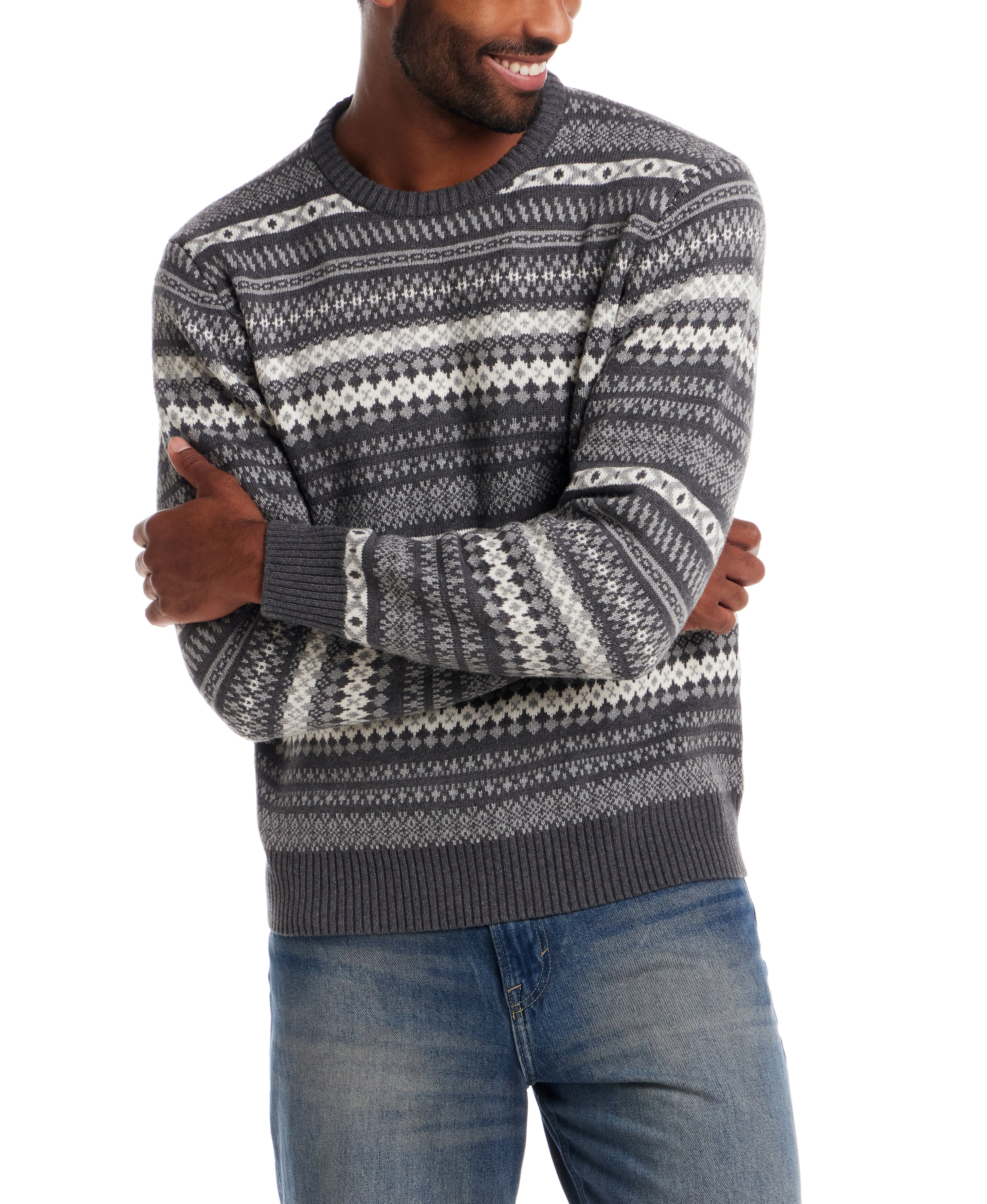 Allover Fair Isle Crew in Smoke Grey Heather featuring classic Fair Isle pattern and cozy crew neck.